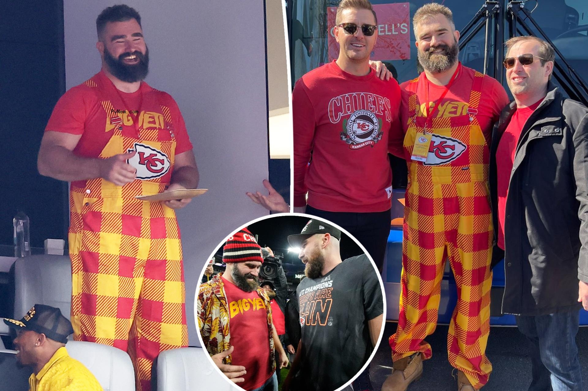 Jason Kelce supports brother Travis in wild Kansas City Chiefs overalls at Super Bowl 2024