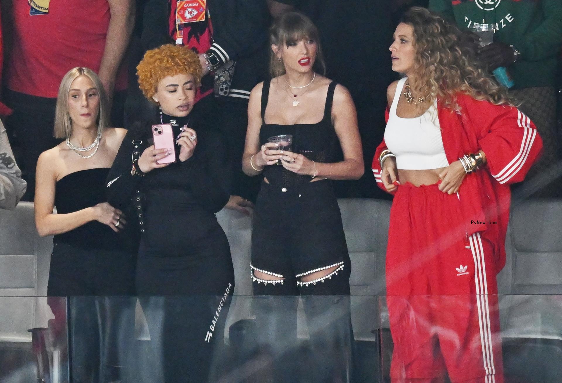 Ashley Avignone (L), rapper Ice Spice (2nd L), Taylor Swift (C) and actress Blake Lively (R) attend Super Bowl LVIII between the Kansas City Chiefs and San Francisco 49ers at Allegiant Stadium in Las Vegas, Nevada on Sunday, February 11, 2024.