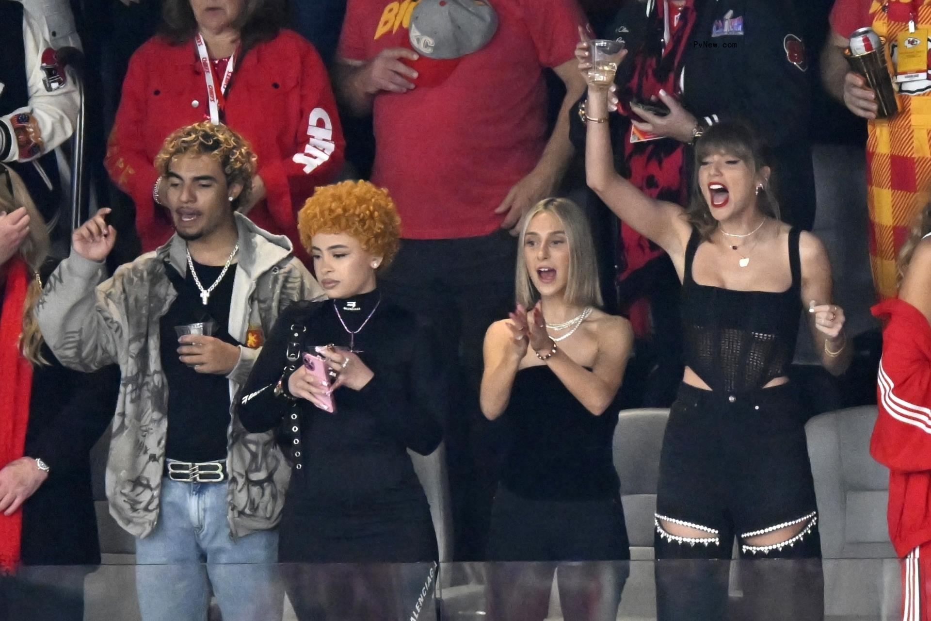 Ice Spice, Ashley Avignone and Taylor Swift cheer before the NFL Super Bowl 58 football game between the San Francisco 49ers and the Kansas City Chiefs on Sunday, Feb. 11, 2024, in Las Vegas.