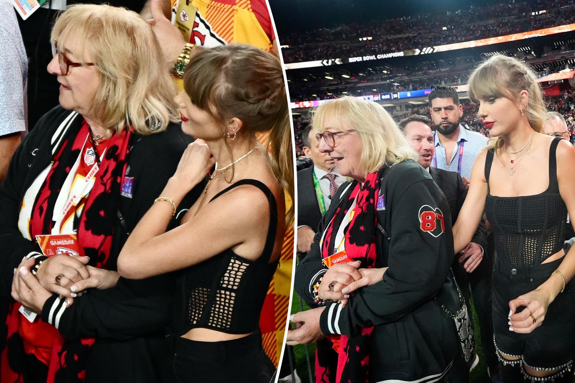 Taylor Swift and Travis Kelce’s mom, Donna, hold hands in heartwarming moment after Chiefs’ Super Bowl 2024 win