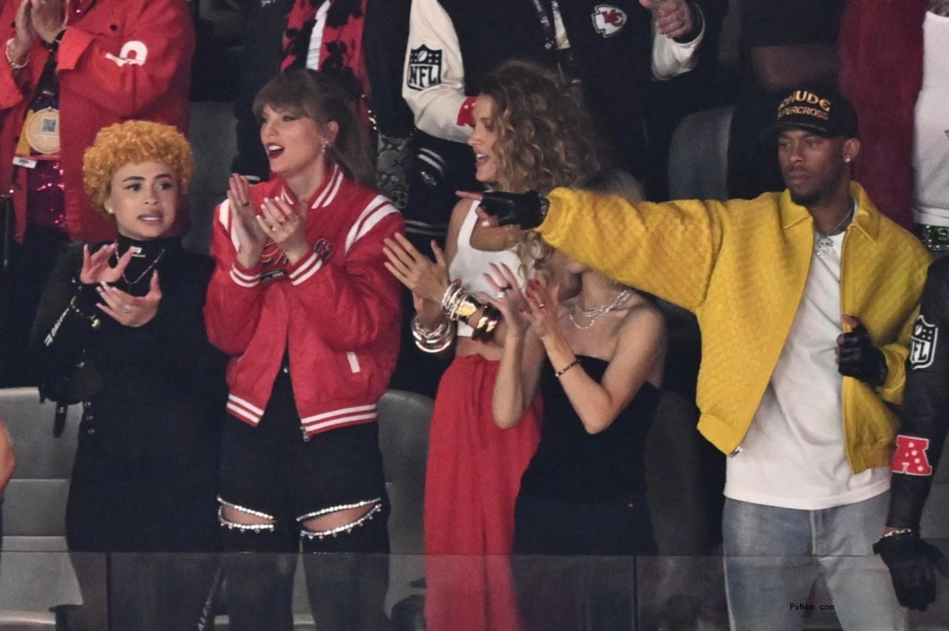 Ice Spice and Taylor Swift at the 2024 Super Bowl.