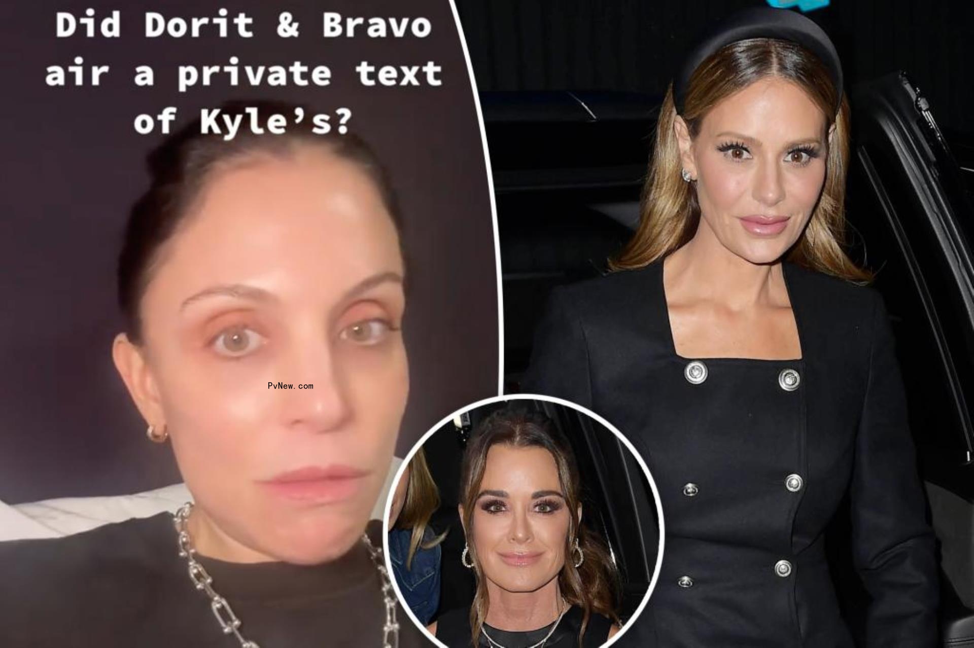 A split photo of Bethenny Frankel talking in a video, Dorit Kemsley walking and a small photo of Kyle Richards smiling