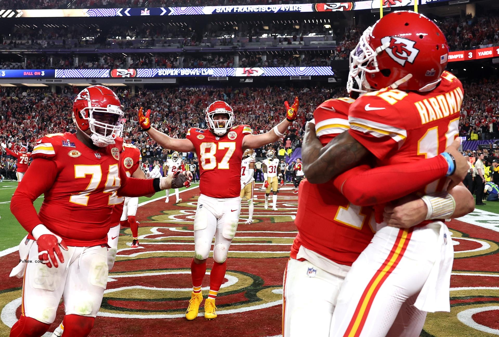 Mecole Hardman, Jr. celebrating with his teammates after Super Bowl-winning catch.