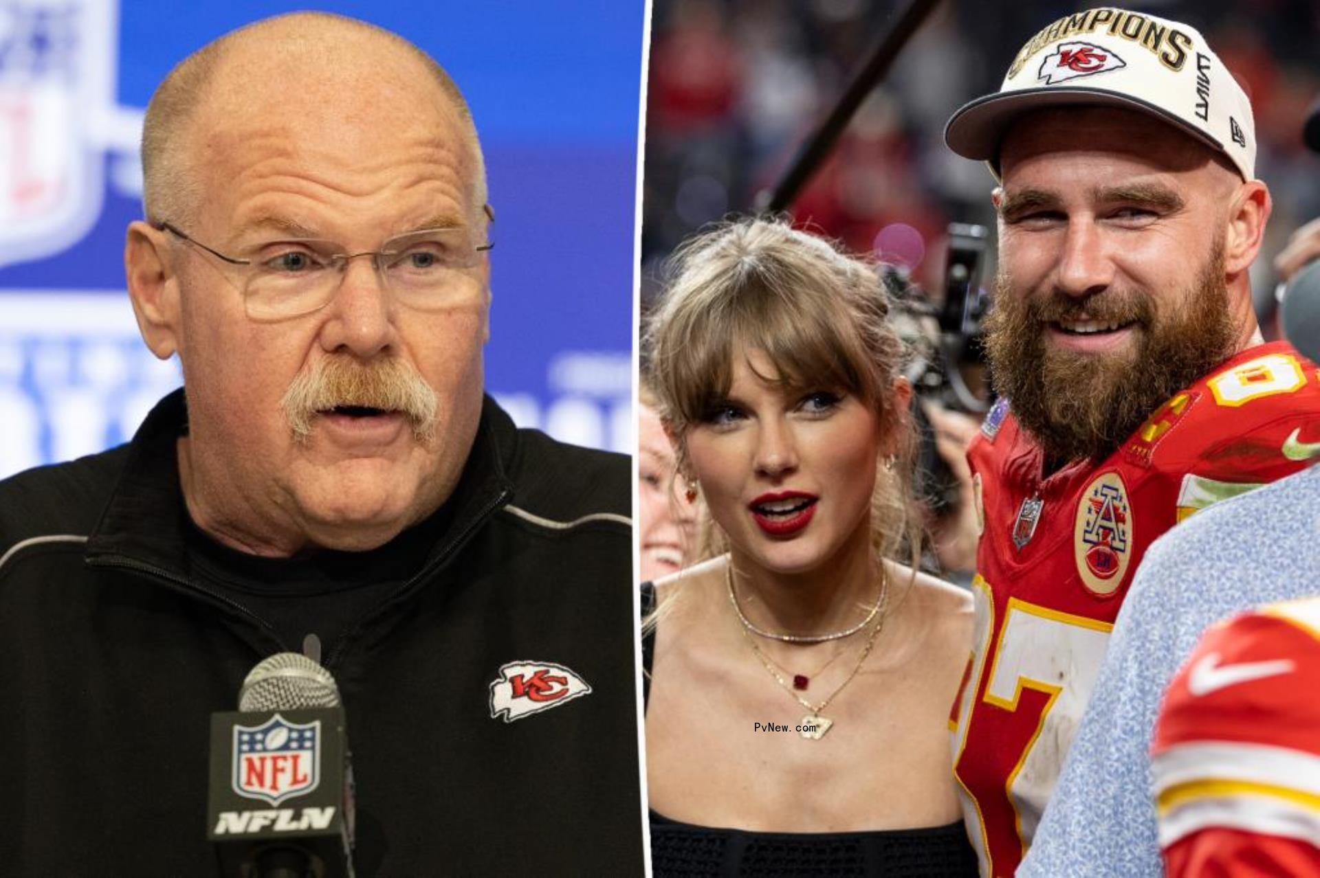 A split photo of Andy Reid talking and Taylor Swift and Travis Kelce posing together