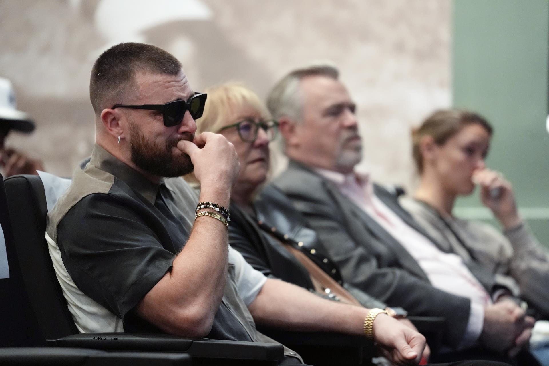 Travis Kelce at Jason Kelce's NFL retirement press conference.