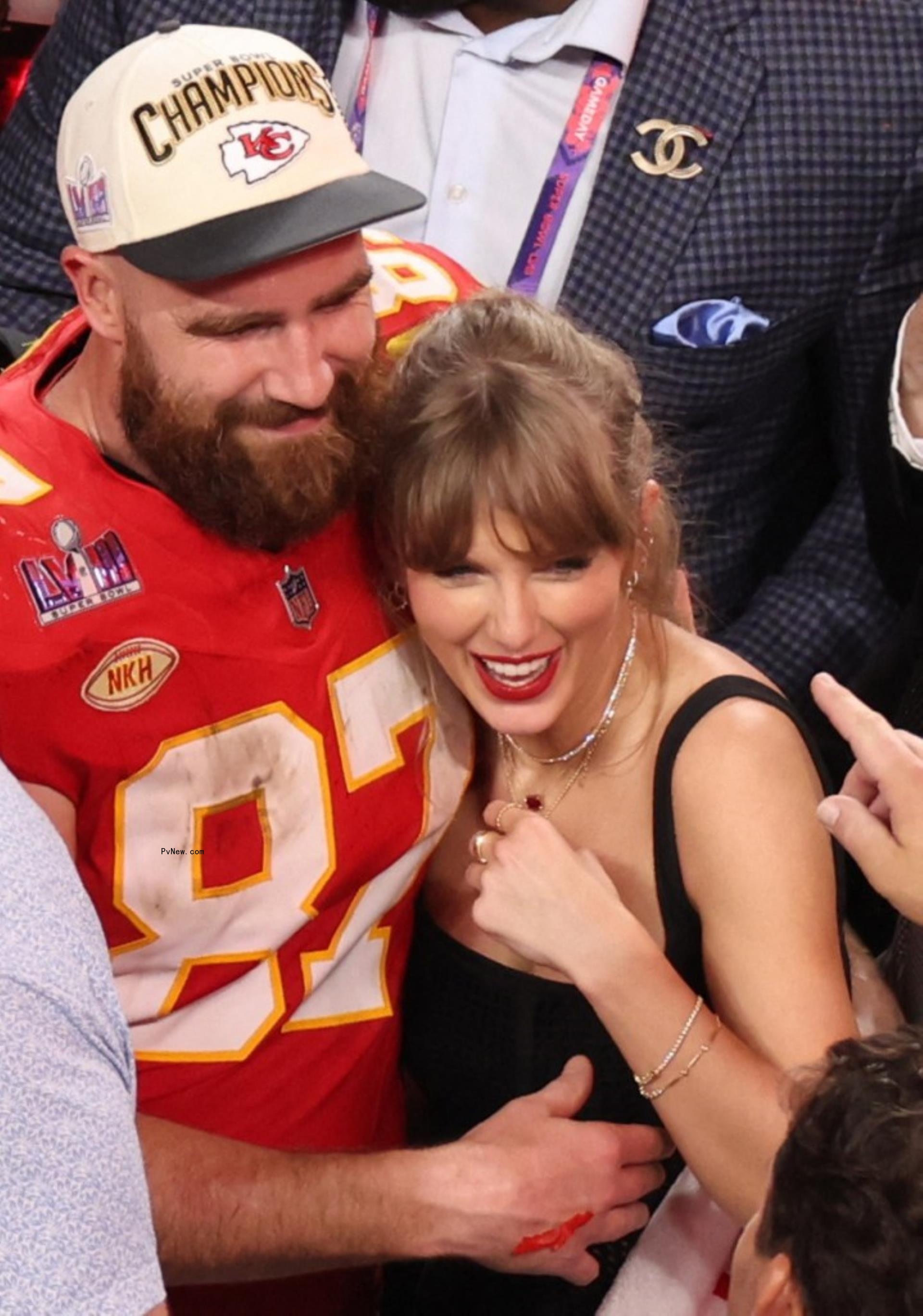 Taylor Swift and Travis Kelce at the 2024 Super Bowl.