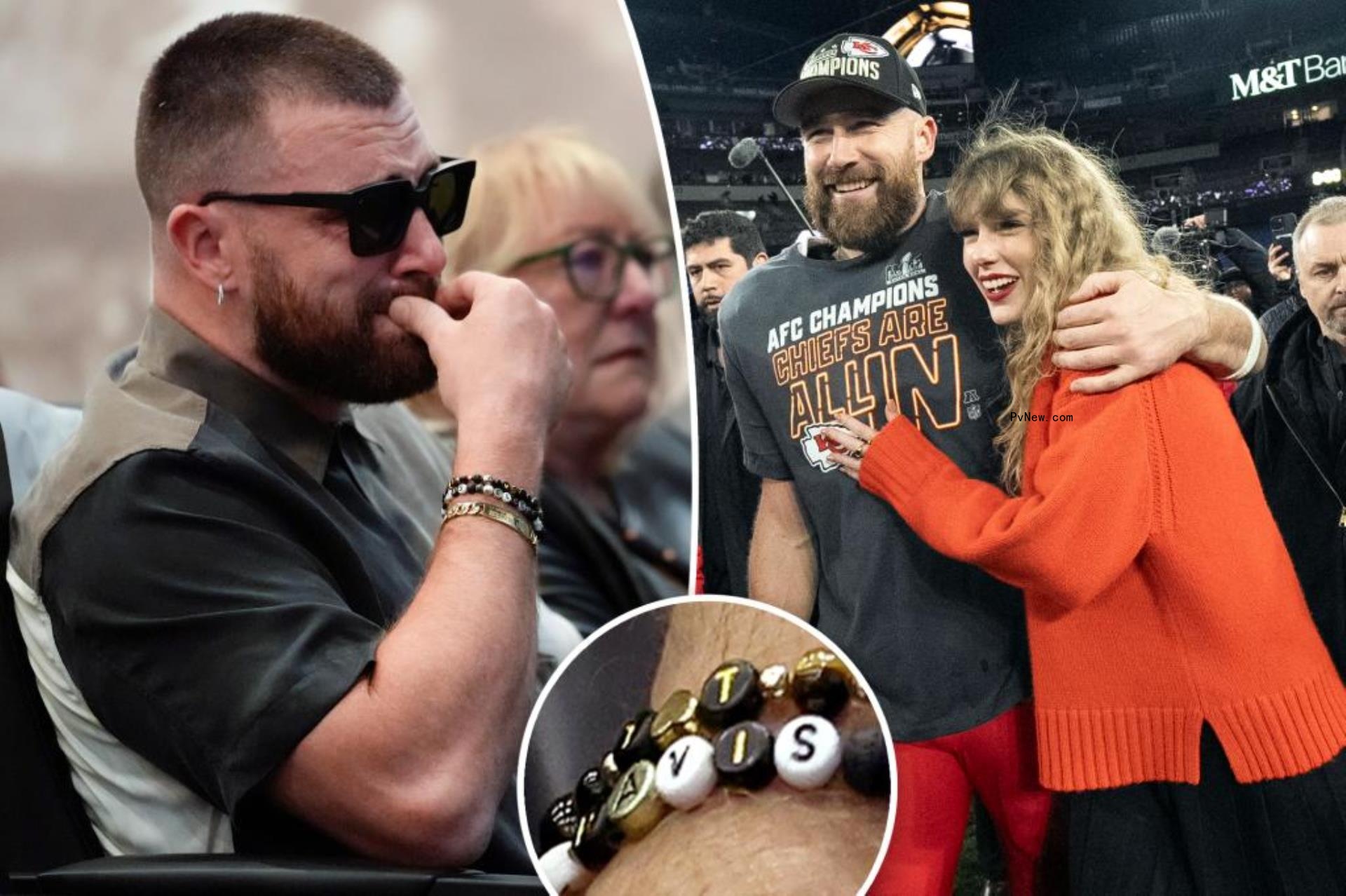 Taylor Swift and Travis Kelce split image inset with bracelets.