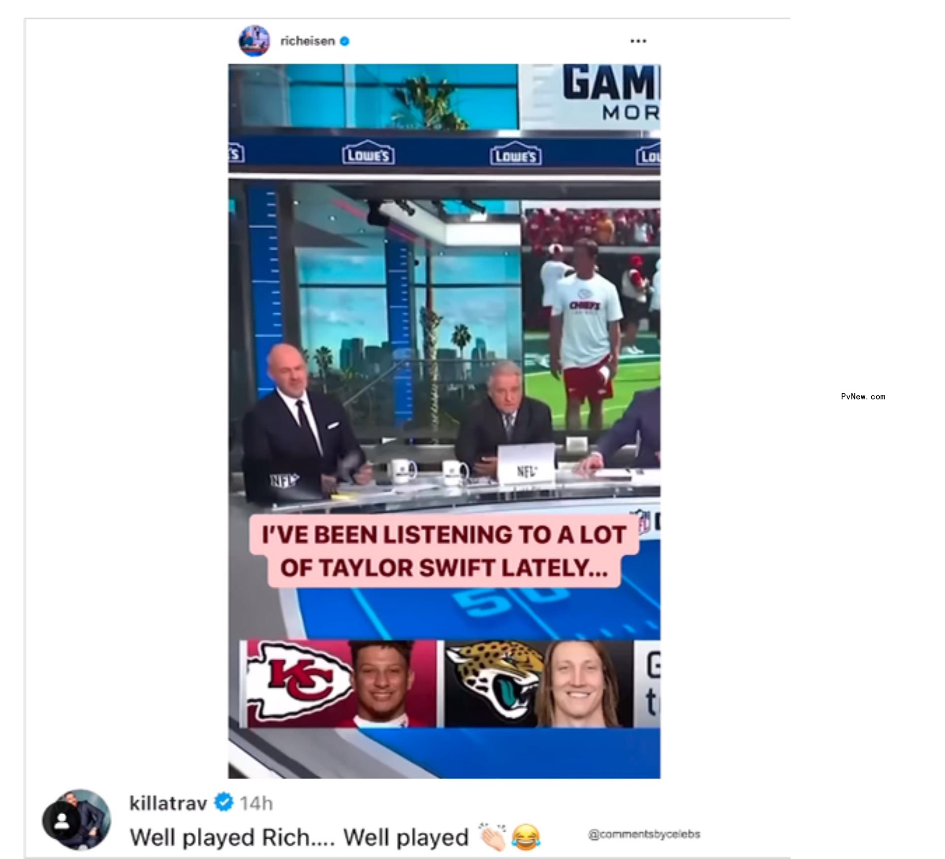 NFL Network's Rich Eisen repeatedly poked fun at the gossip during Sunday's broadcast.