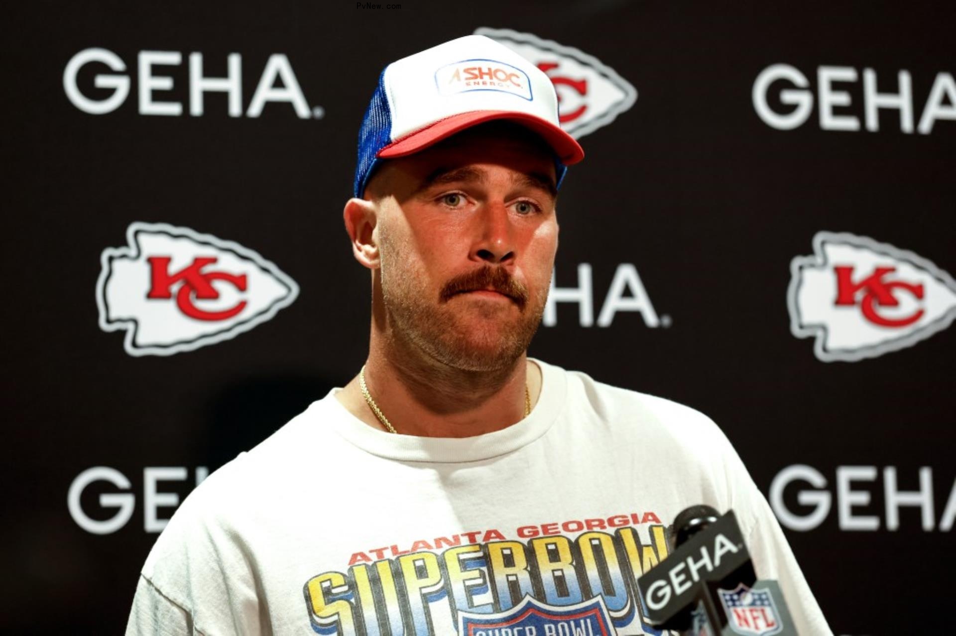 Travis Kelce during a press conference.