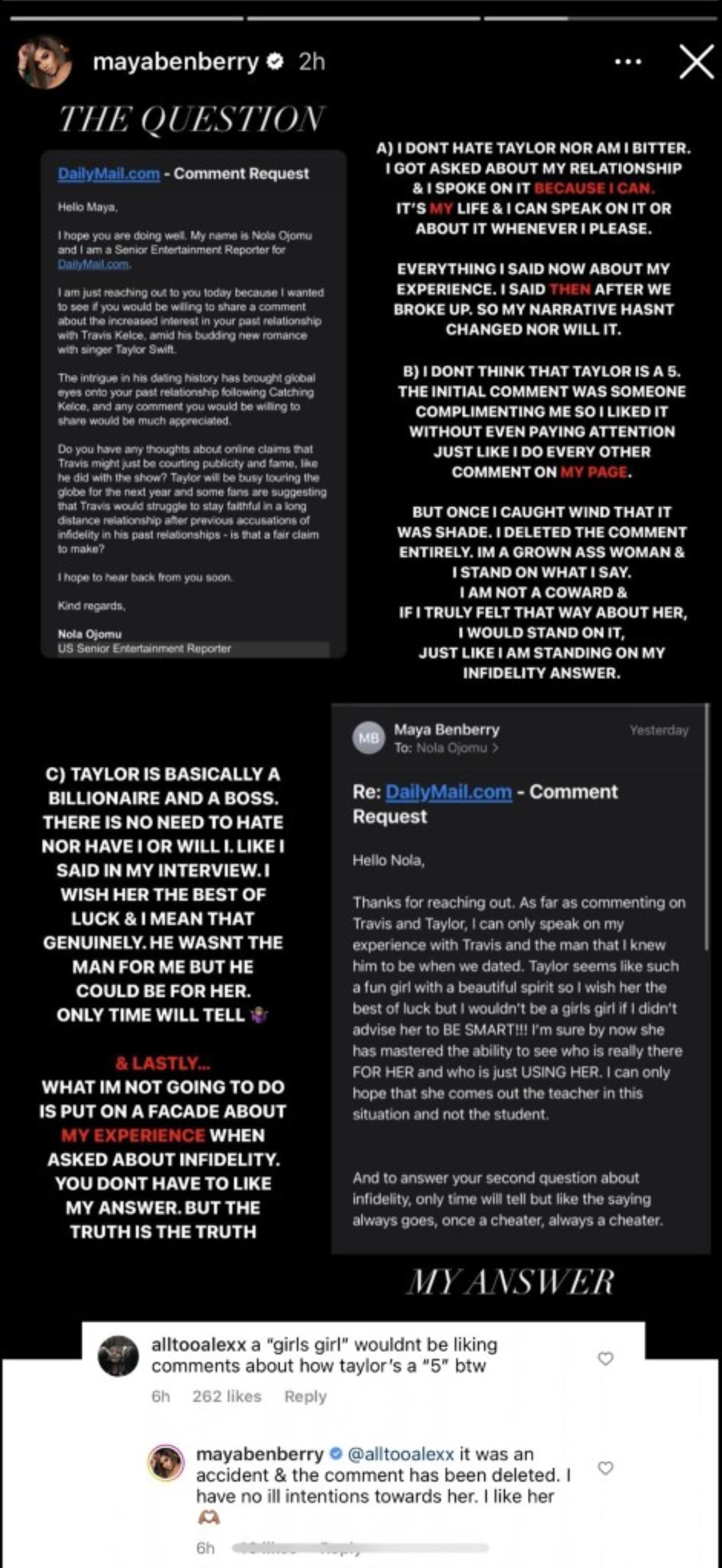 Maya Benberry's Instagram Story statement. 