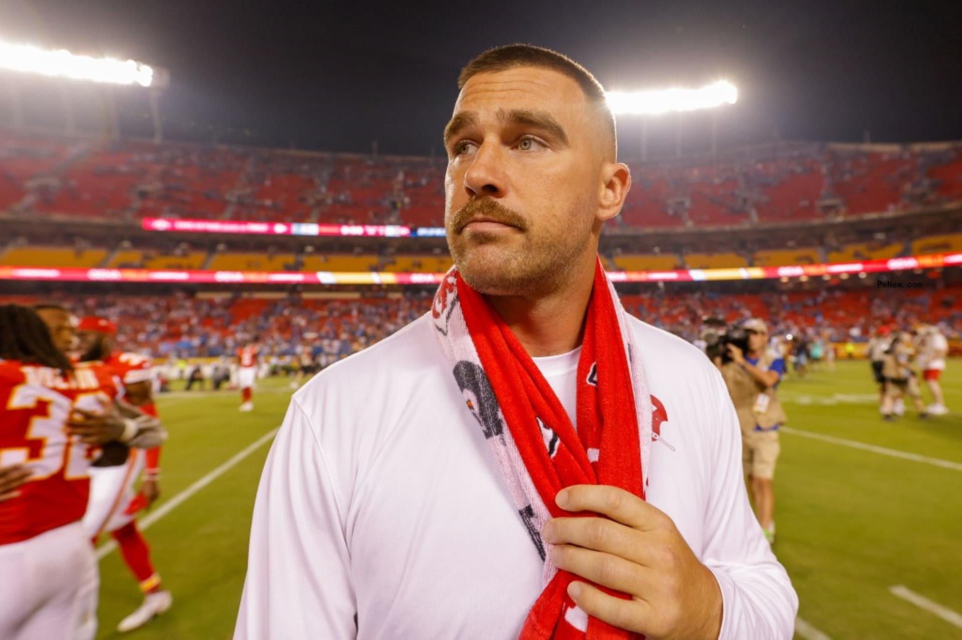 A close-up of Travis Kelce on a football field.