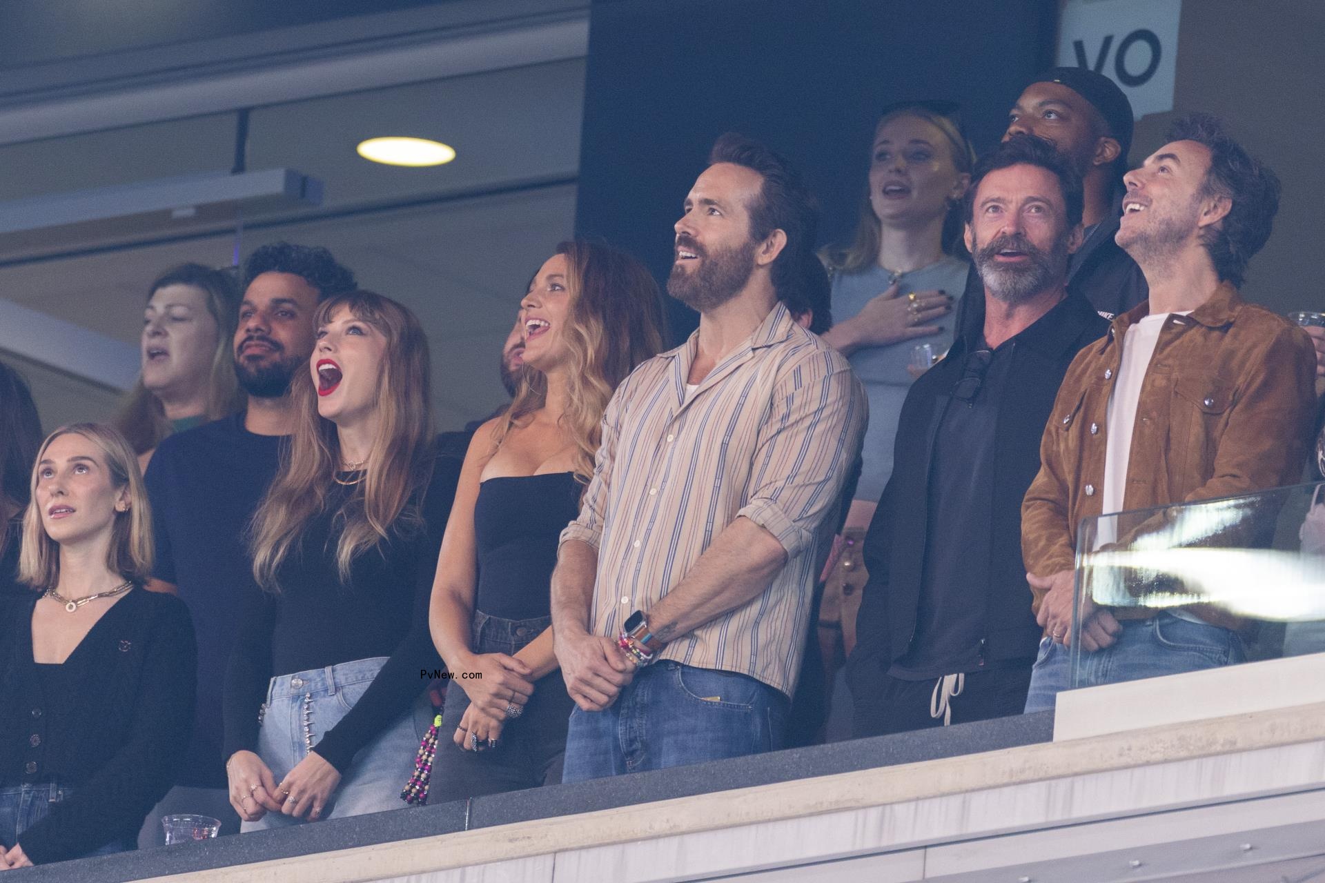 Taylor Swift, Blake Lively, Ryan Reynolds, Hugh Jackman and Shawn Levy at an NFL game.