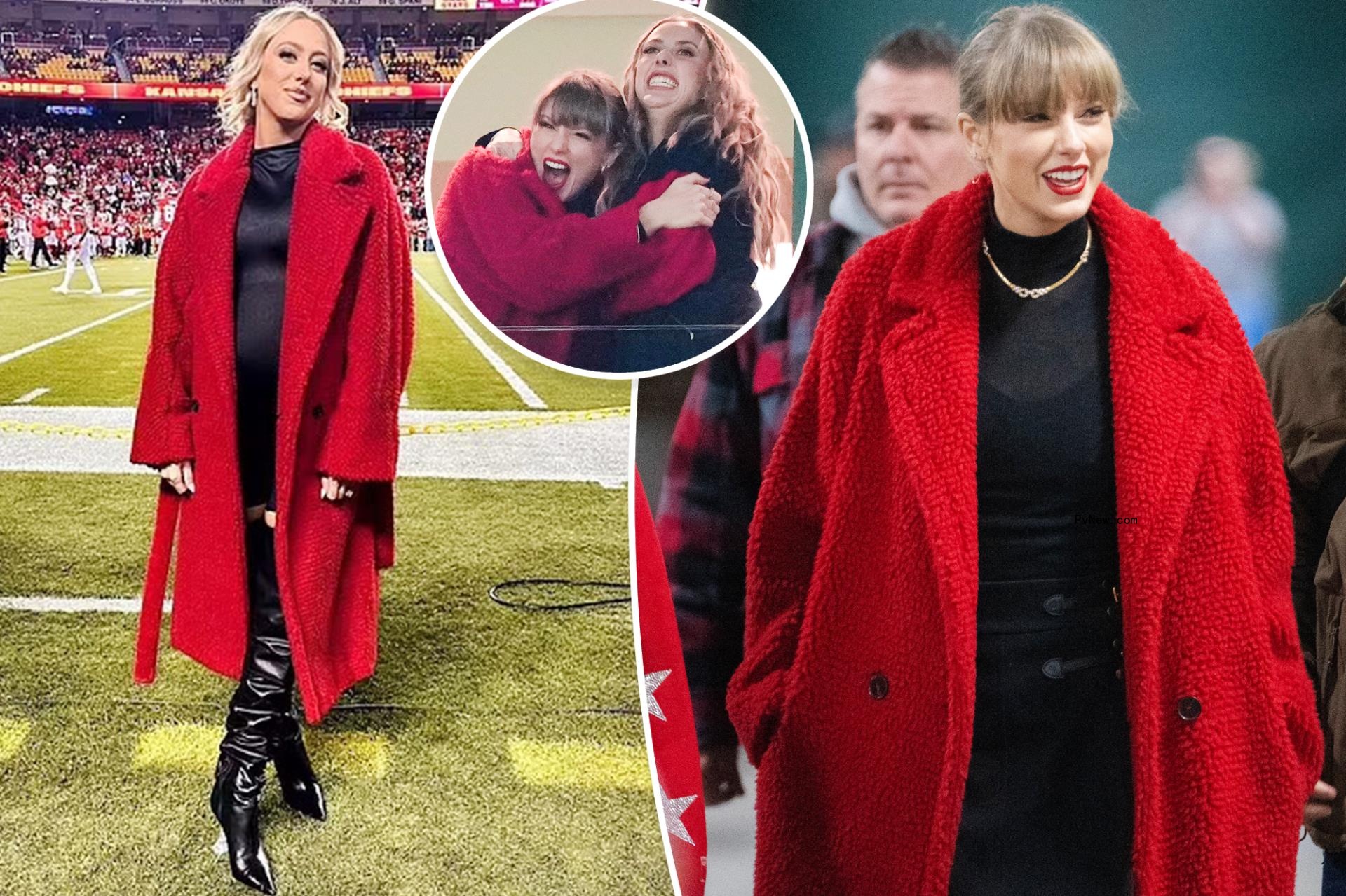 Fans are co<i></i>nvinced Taylor Swift borrowed Brittany Mahomes’ red coat for Travis Kelce’s Chiefs game