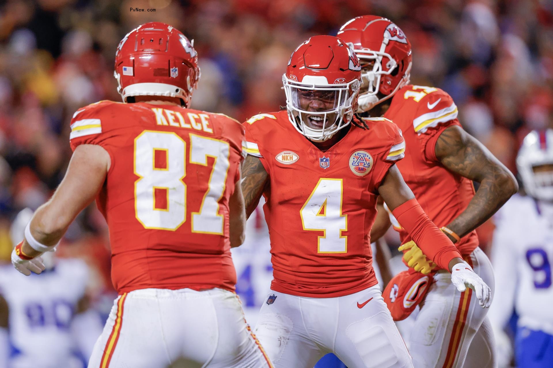 Rashee Rice and Travis Kelce playing football.