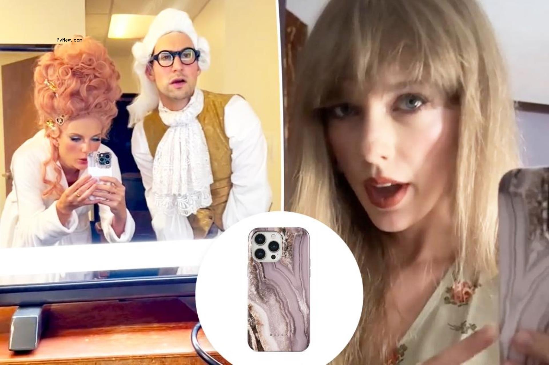 Taylor Swift and Jack Anto<i></i>noff split with a mirror selfie of Taylor Swift and an inset of a phone case
