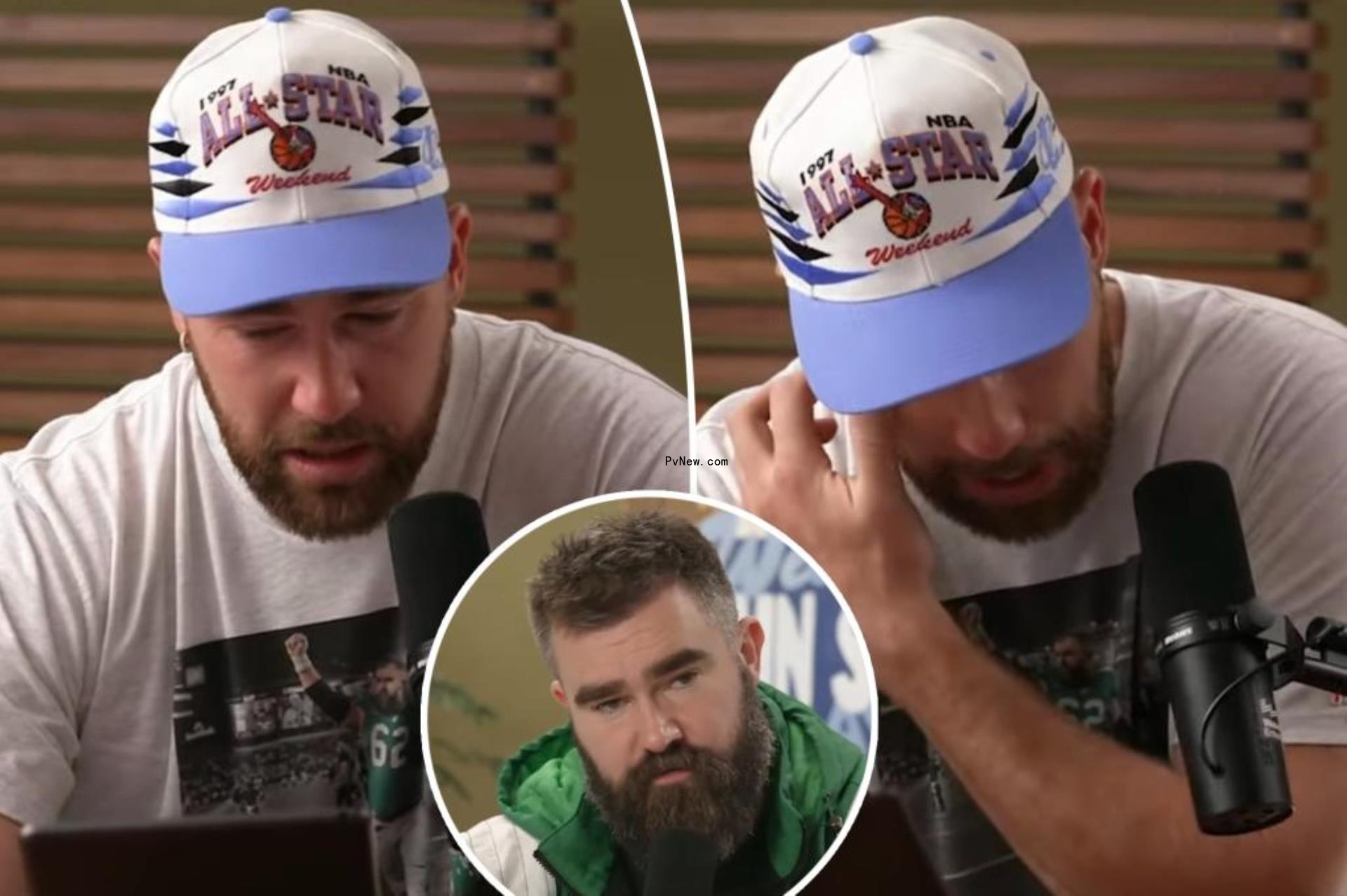 Travis Kelce crying split with an inset of Jason Kelce on