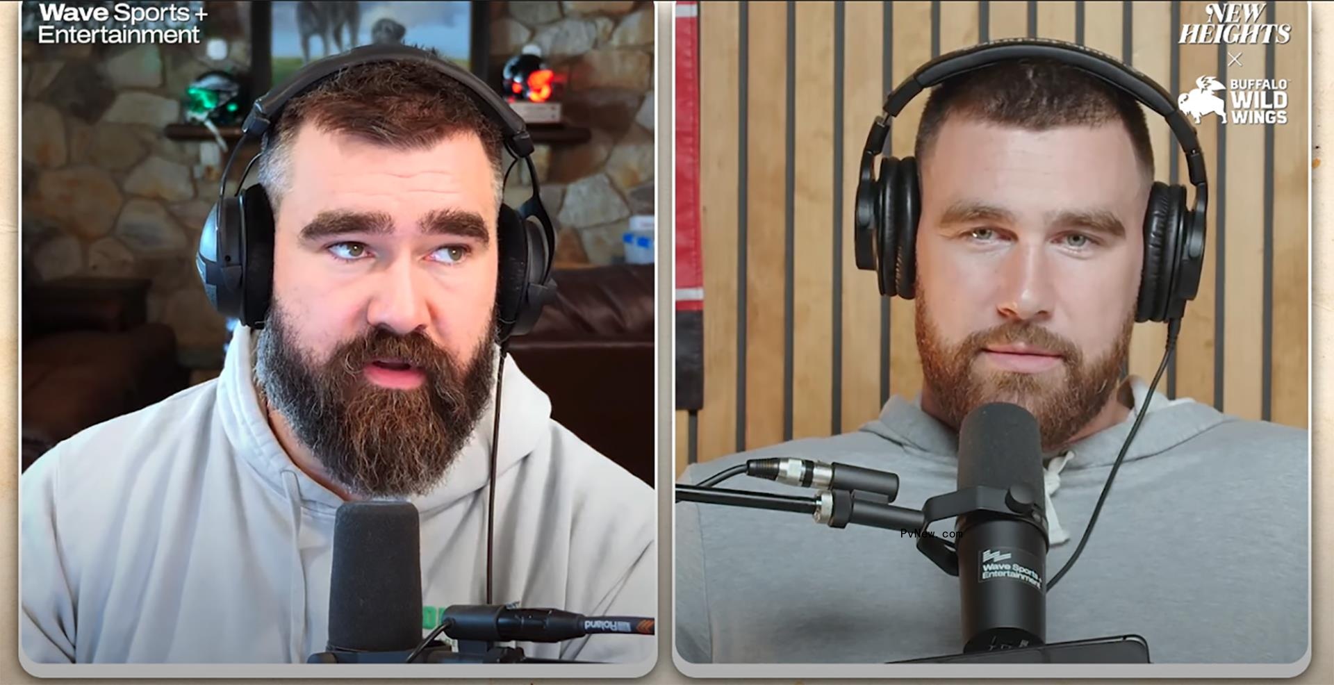 Travis Kelce and Jason Kelce on their podcast.
