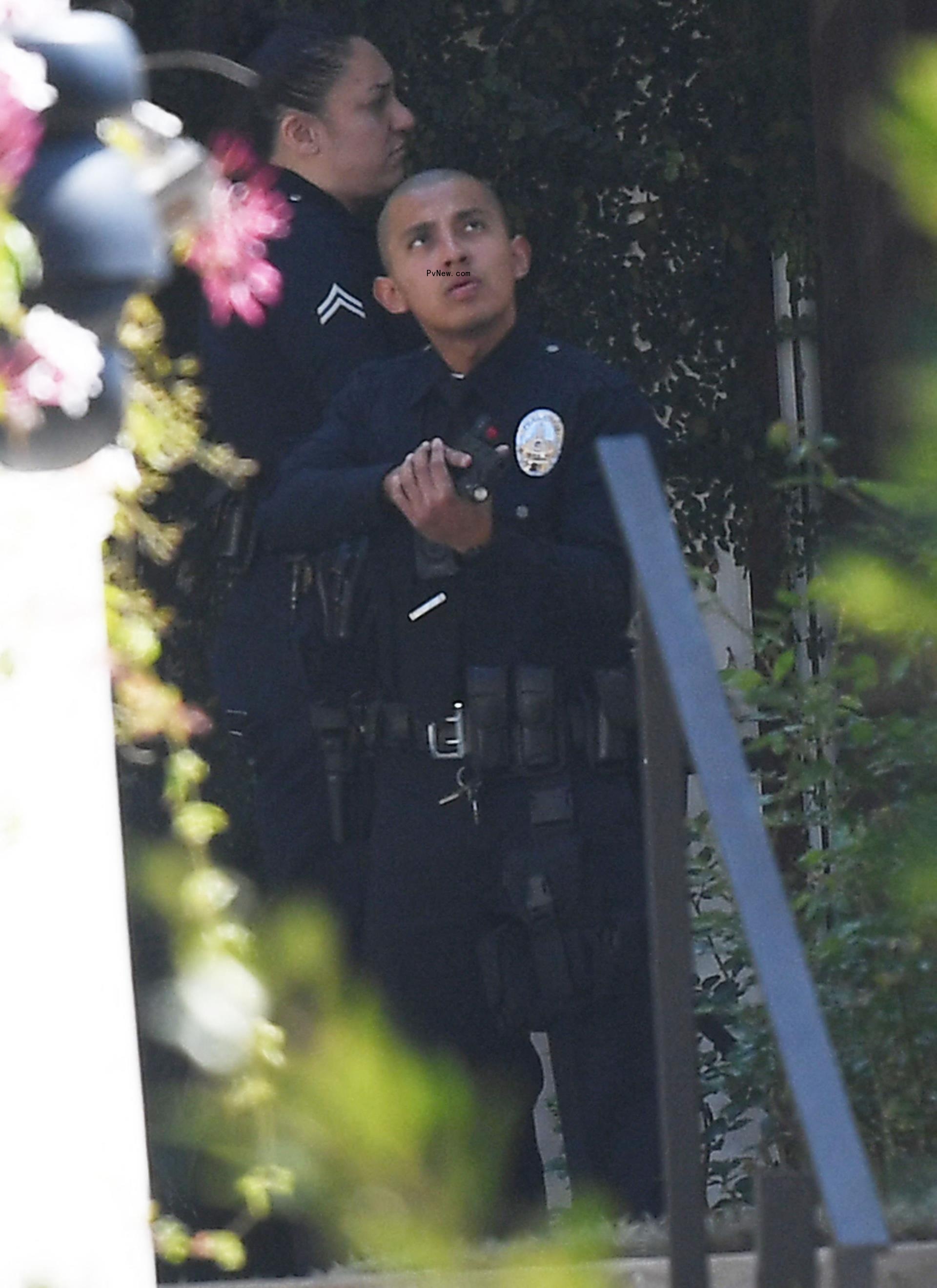 a police officer with gun pulled