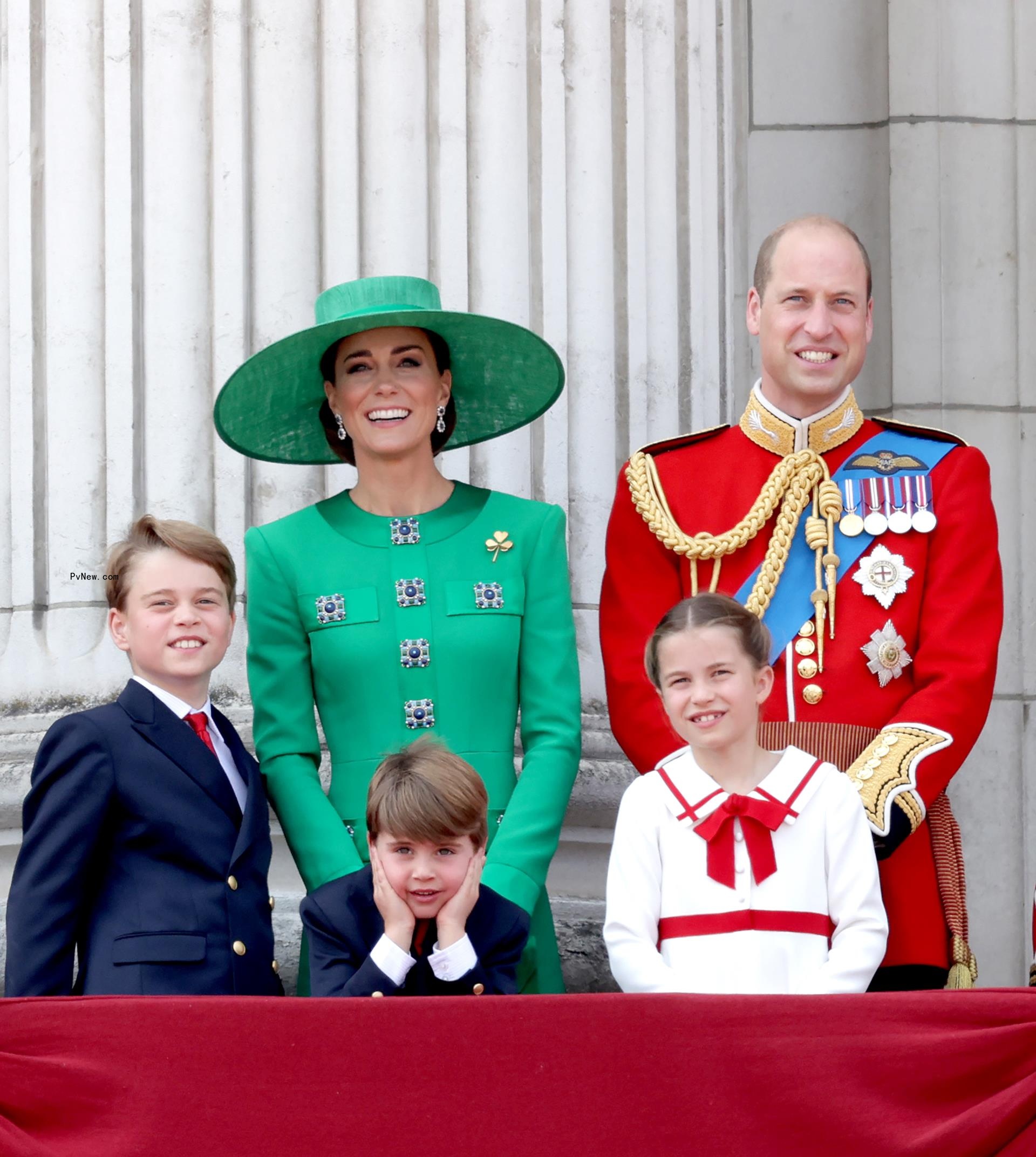 Prince William, Prince of Wales, Prince Louis of Wales, Catherine, Princess of Wales , Princess Charlotte of Wales and Prince George of Wales on the Buckingham Palace balcony during Trooping the Colour on June 17, 2023 in London, England. Trooping the Colour is a traditio<i></i>nal parade held to mark the British Sovereign's official birthday.