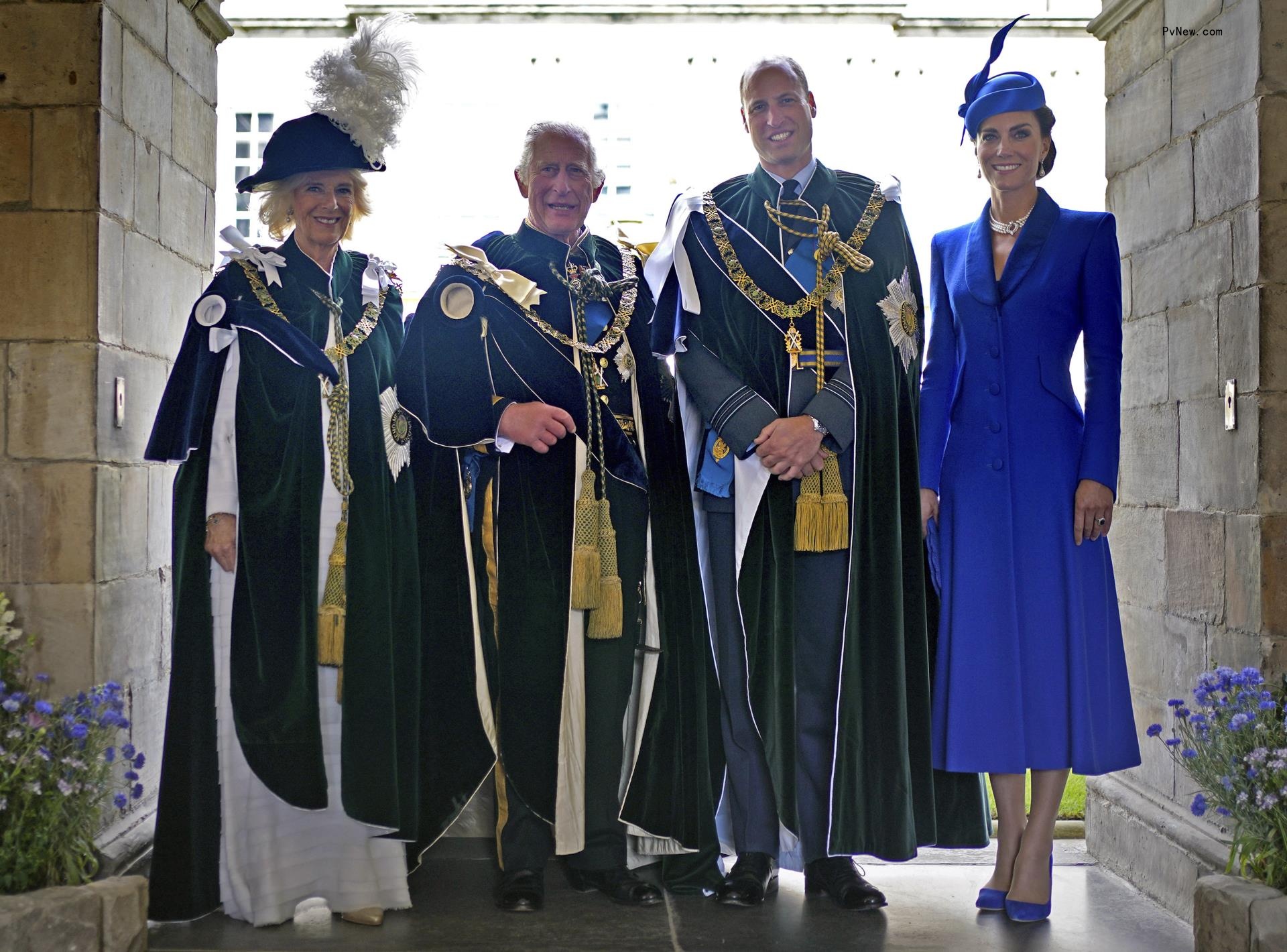 From left, Queen Camilla, Britain's King Charles III, Britain's Prince William and Kate, Princess of Wales, stand at the Palace of Holyroodhouse, after the Natio<i></i>nal Service of Thanksgiving and Dedication for King Charles III and Queen Camilla, and the presentation of the Ho<i></i>nours of Scotland, in Edinburgh.