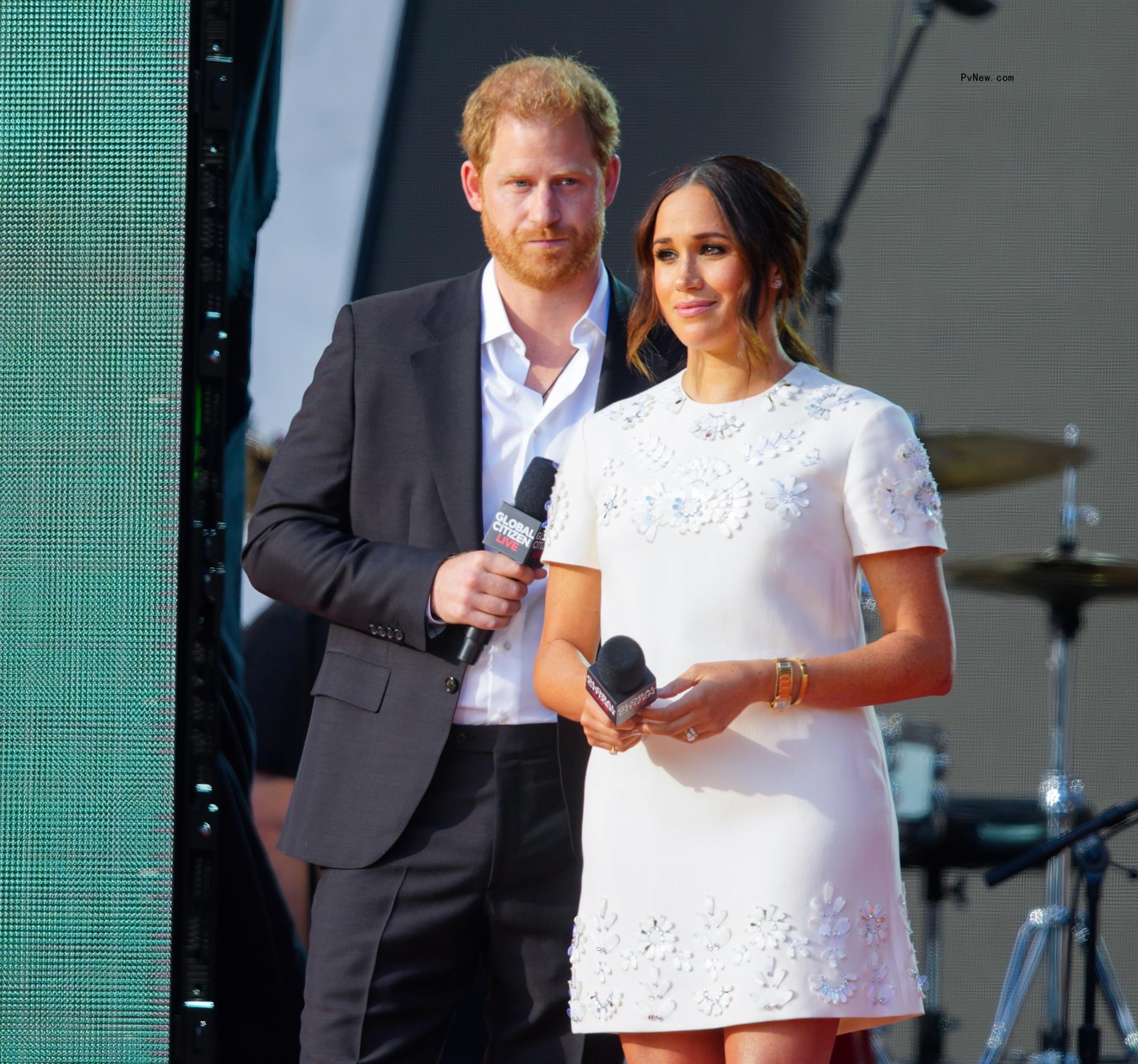 Prince Harry and Meghan Markle speaking on stage at Global Citizen Live in 2021.
