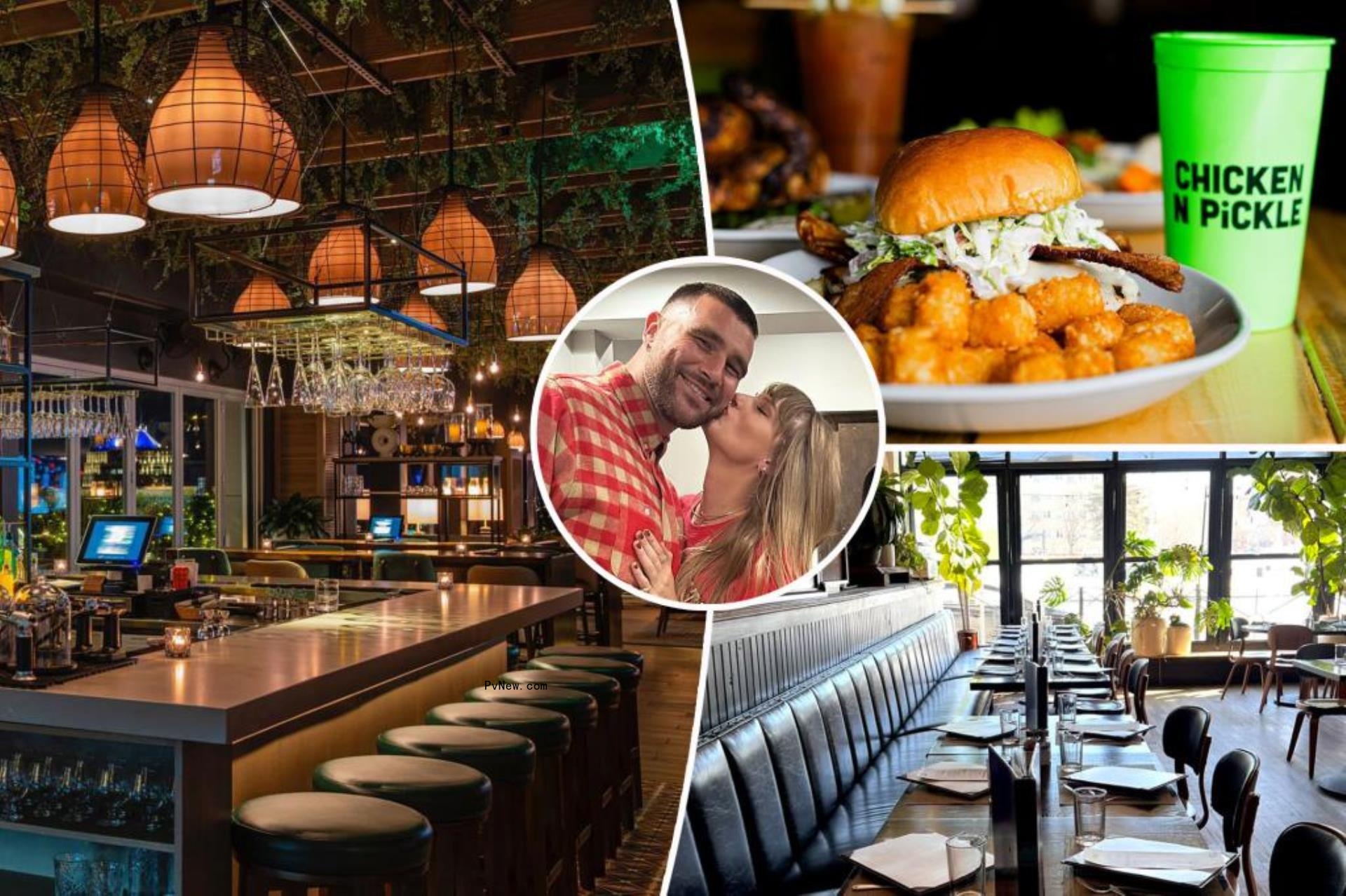 Travis Kelce and Taylor Swift split image with photos from restaurants.