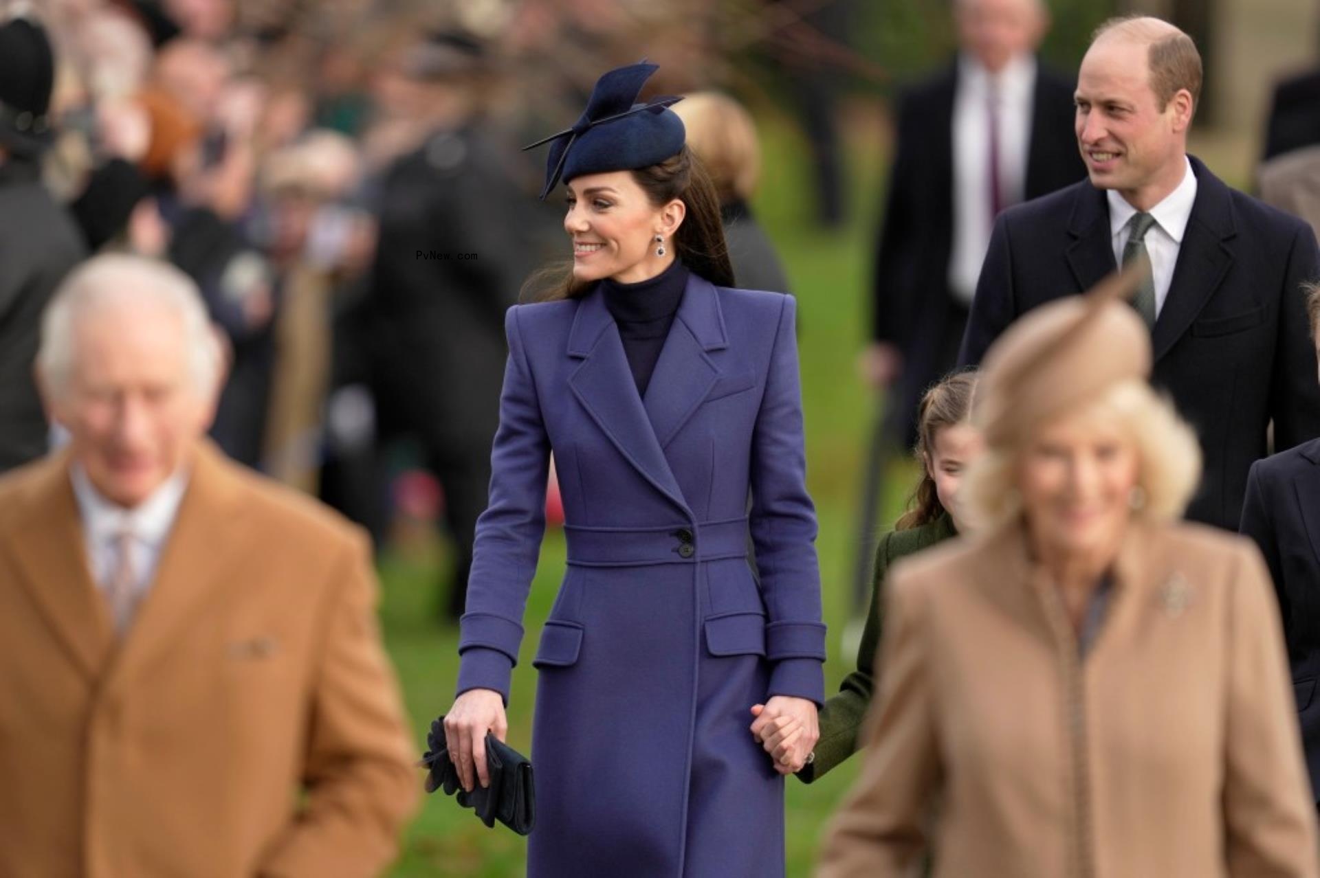 Kate Middleton and Prince William walking behind King Charles and Queen Camilla.