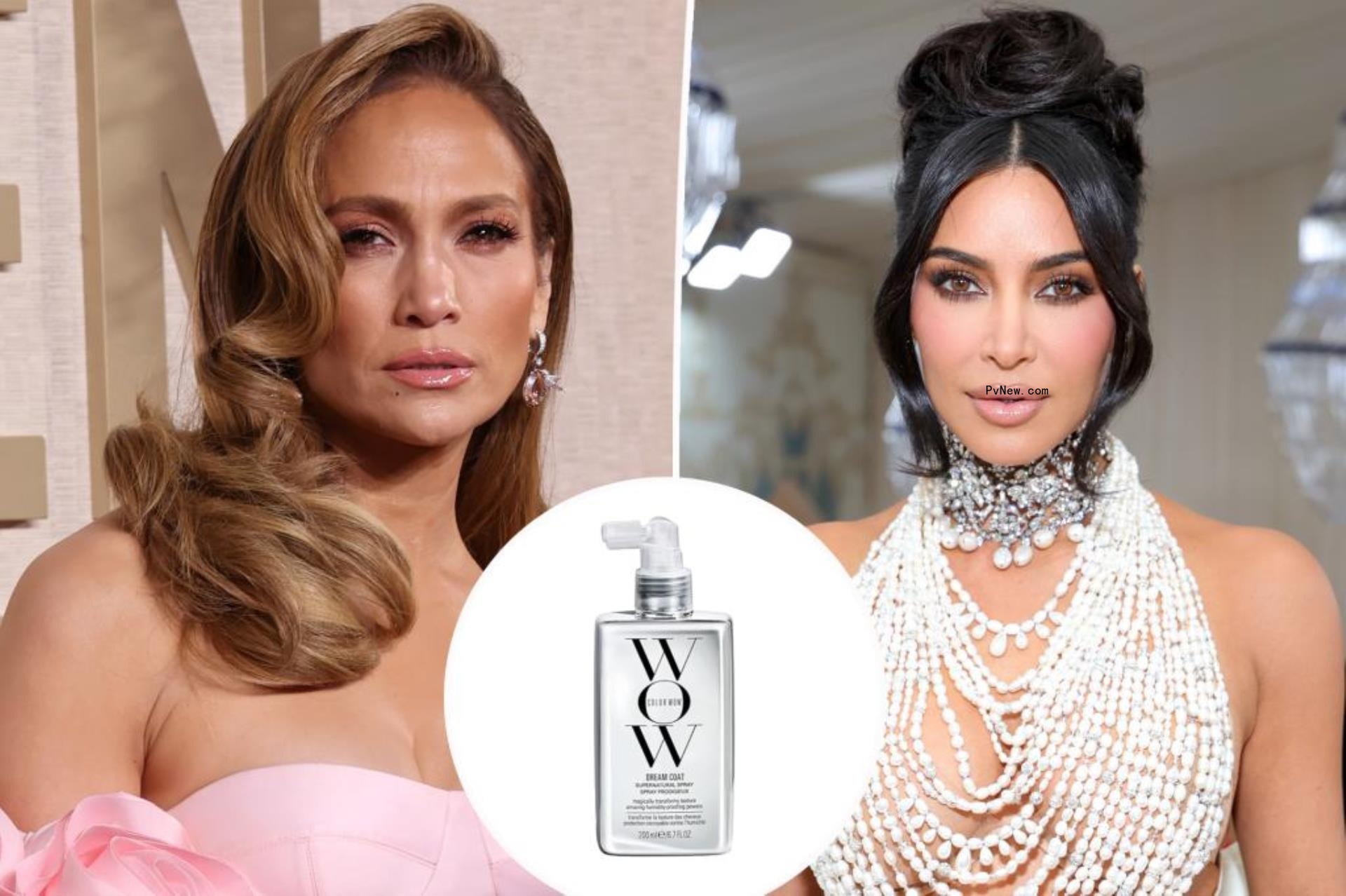 Jennifer Lopez and Kim Kardashian with an inset of Color Wow Dream Coat Spray