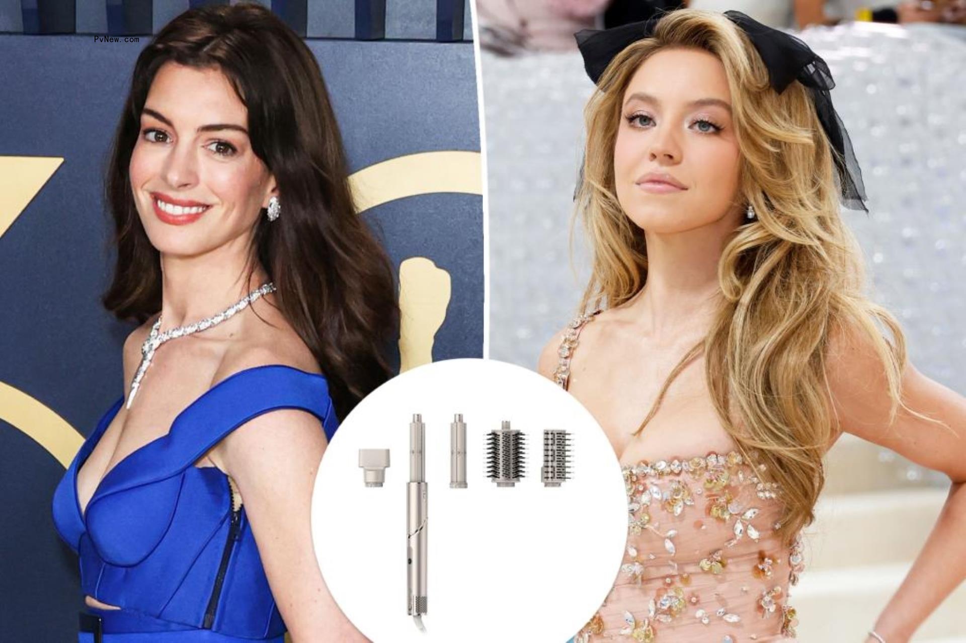 Anne Hathaway and Sydney Sweeney with an inset of the Shark styler