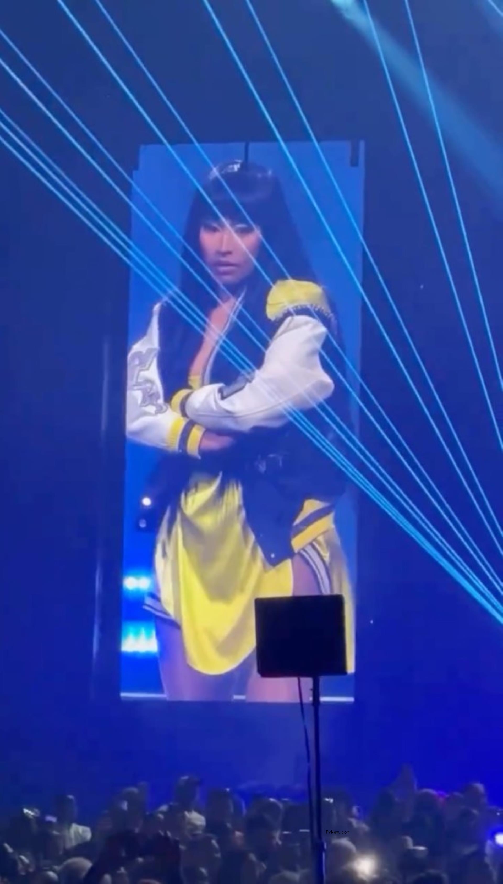 Nicki Minaj looking displeased with the crowd in Orlando after wardrobe malfunction.