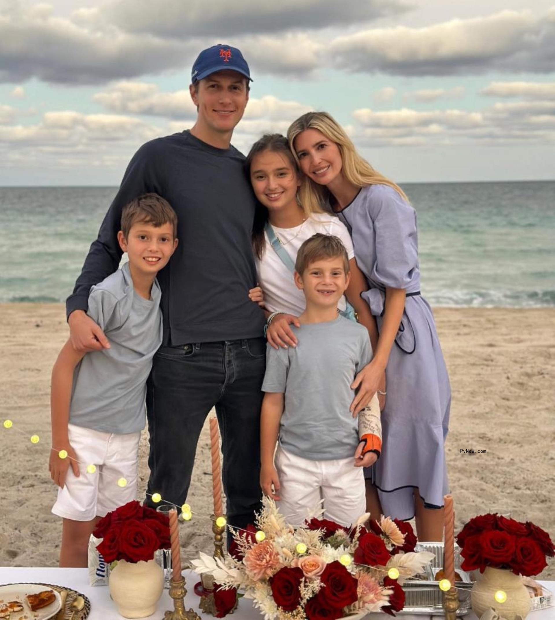 Jared Kushner and Ivanka Trump with their three kids on the beach. 