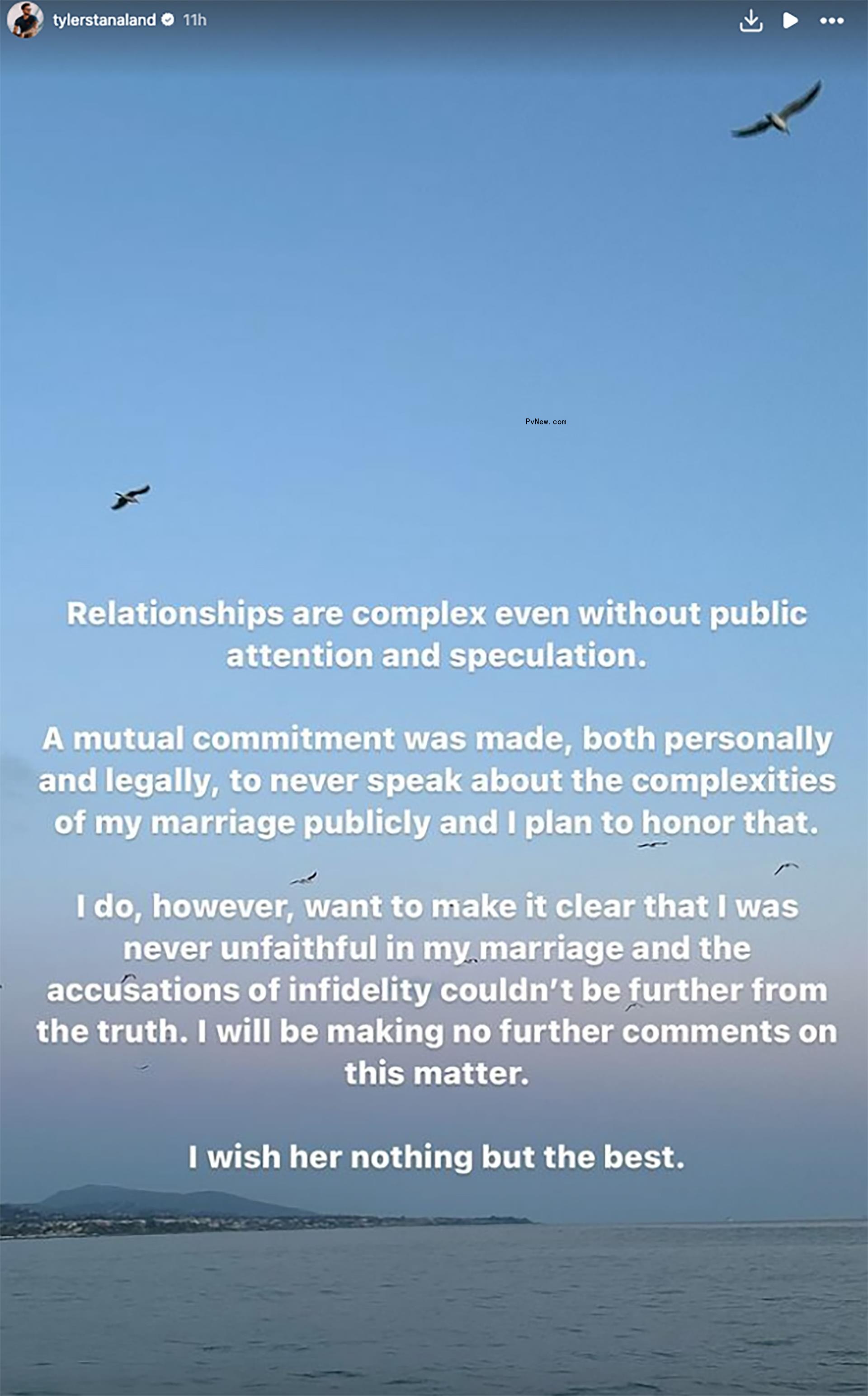 A screenshot of Tyler Stanaland's Instagram Story statement 