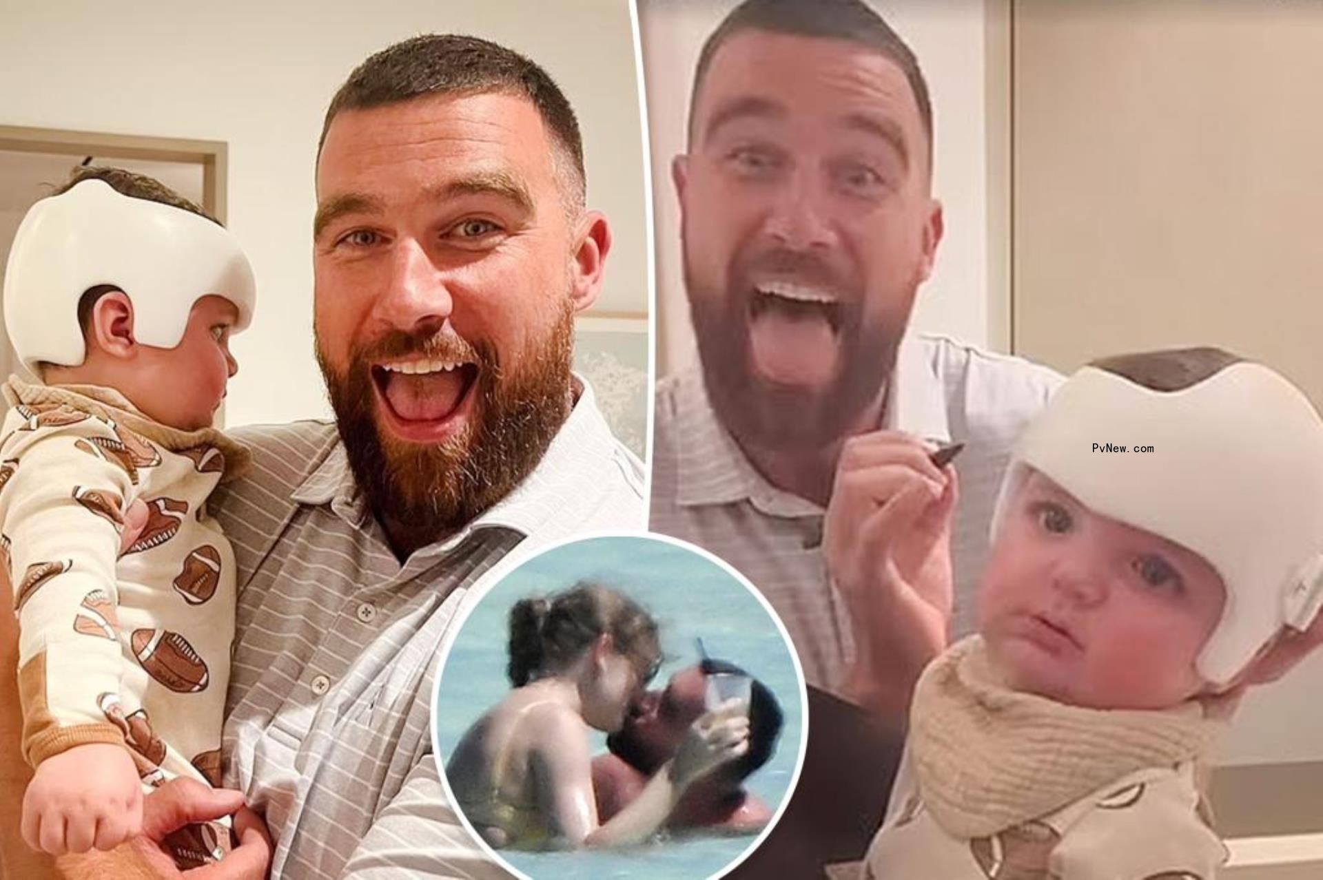 Travis Kelce and baby, as well as Taylor Swift inset