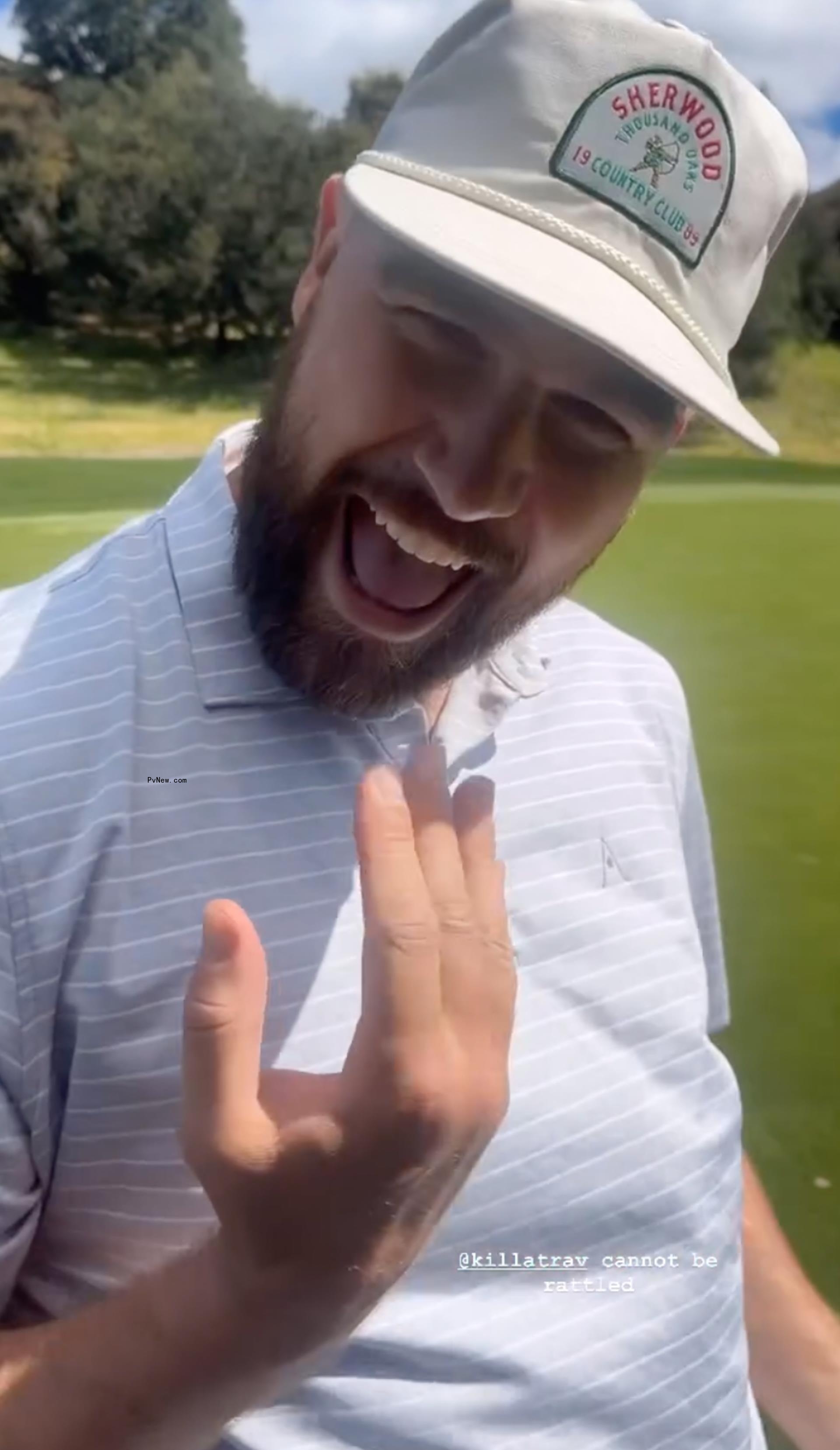 Travis Kelce plays air guitar to Taylor Swift's 'Bad Blood' during a game of golf with NBA star Chandler Parsons