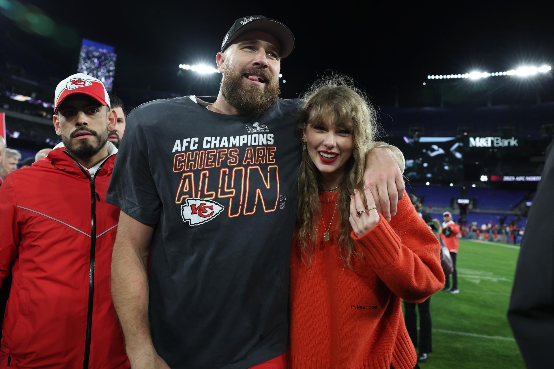 Travis Kelce #87 of the Kansas City Chiefs celebrates with Taylor Swift after a 17-10 victory against the Baltimore Ravens in the AFC Champio<i></i>nship Game at M&T Bank Stadium on January 28, 2024 in Baltimore, Maryland.