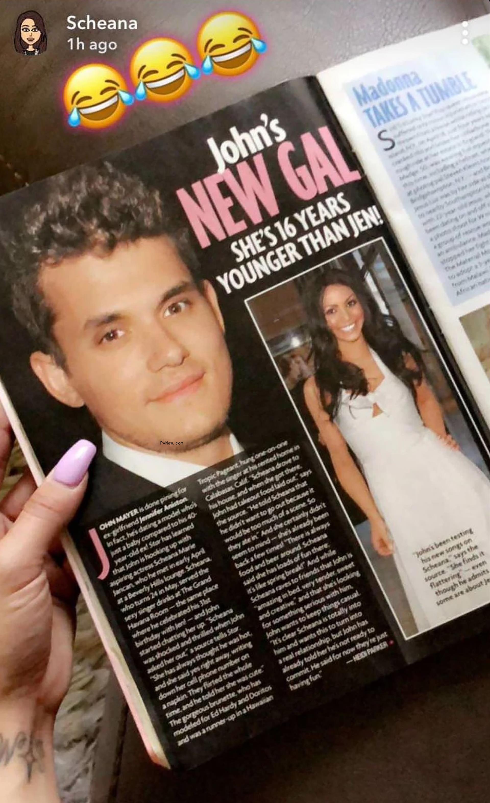 A screenshot of Scheana Shay's Snapchat Story showing John Mayer and Scheana Shay