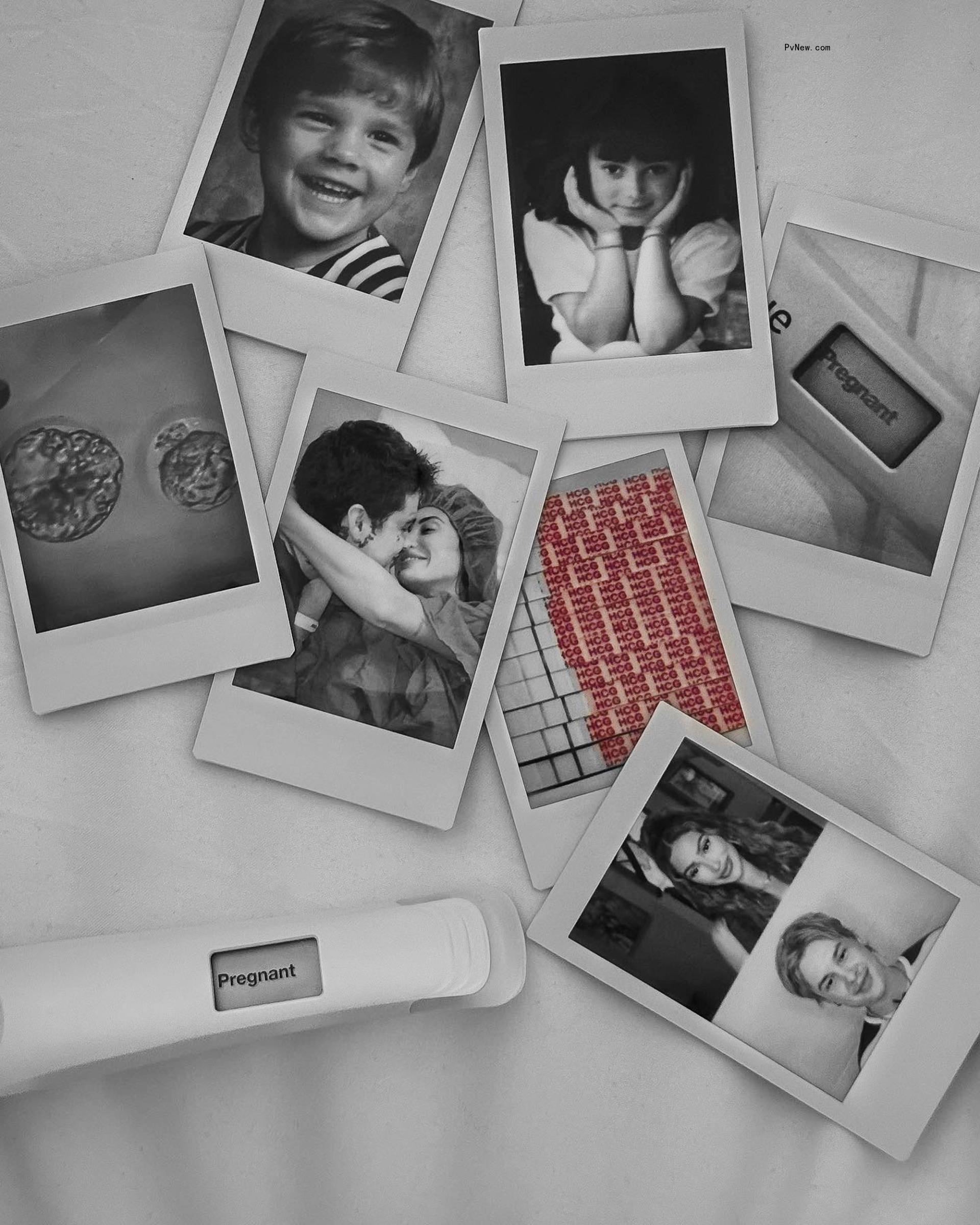scattered polaroid photos of francesca farago and jesse sullvan and a positive pregnancy test