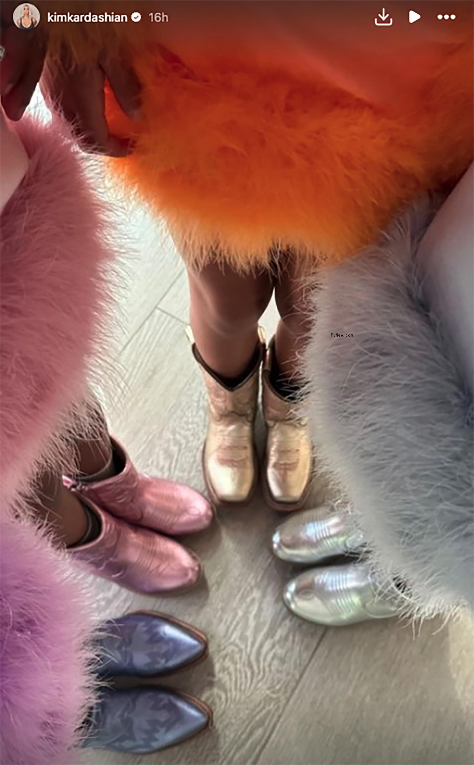 An Instagram Story of four Kardashian granddaughters wearing matching dresses and cowgirl boots