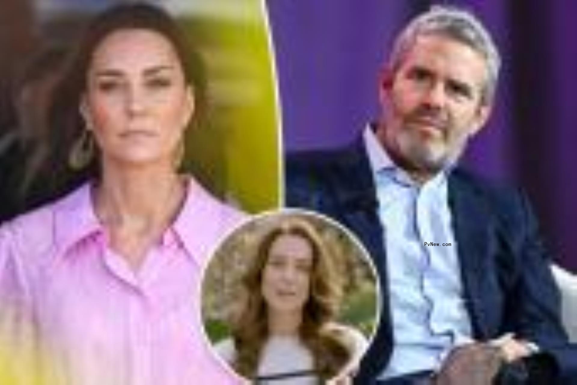 A split photo of Kate Middleton walking and Andy Cohen sitting and a small photo of Andy Cohen speaking.