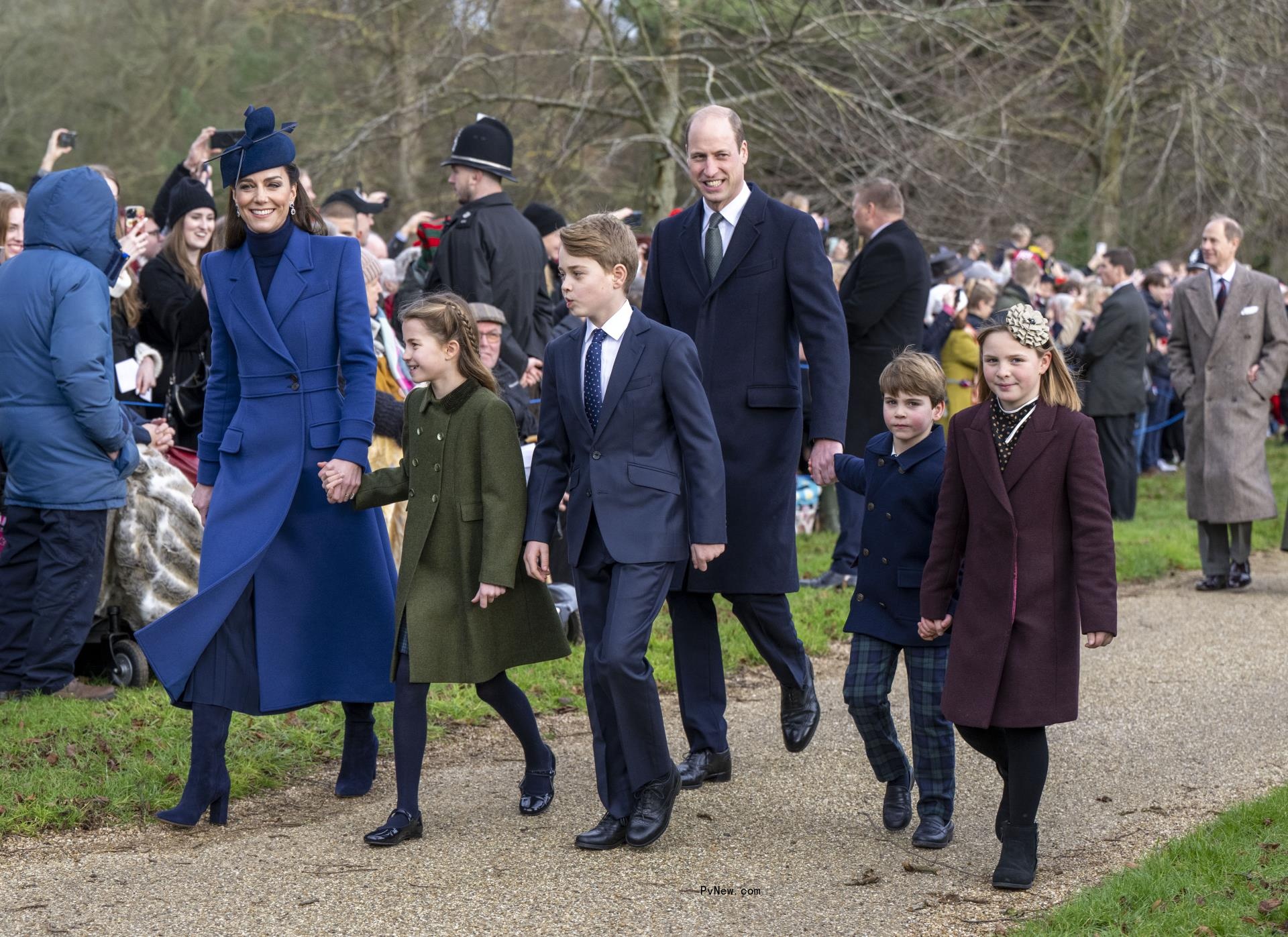 Kate Middleton and Prince William walking with her three kids