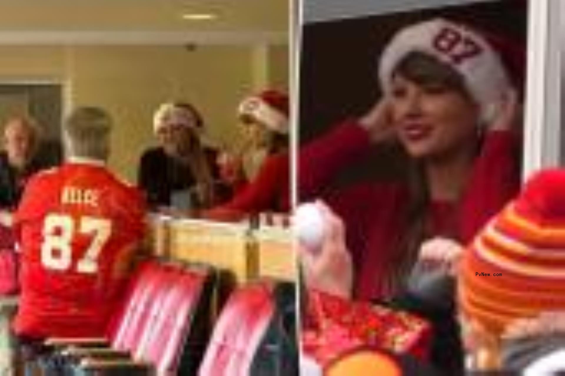 Taylor Swift split image talking to her parents and ed kelce.