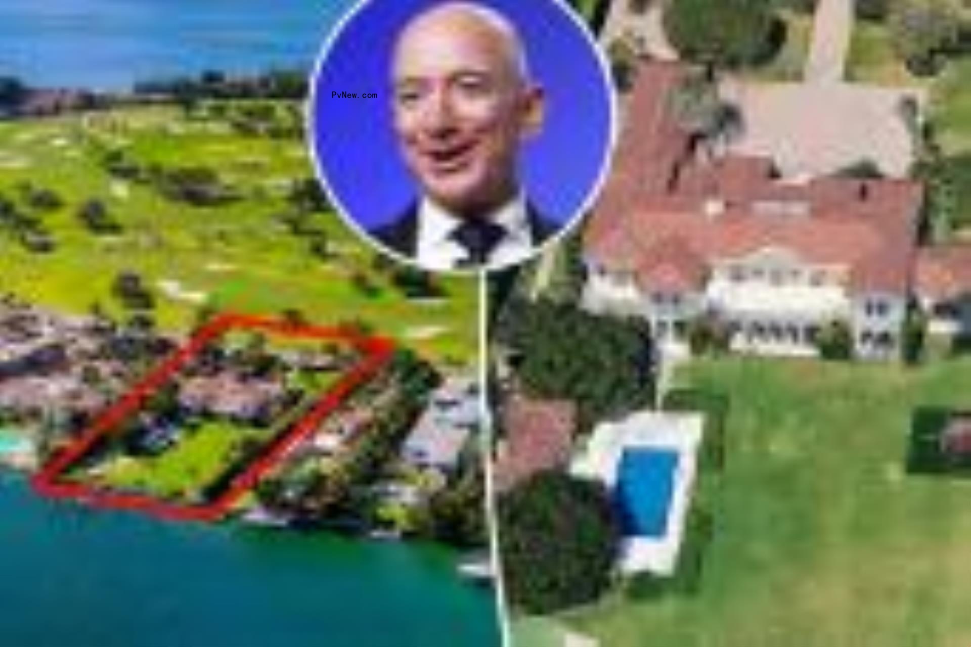 Jeff Bezos inset with his new $90 million Indian Creek Island mansion.