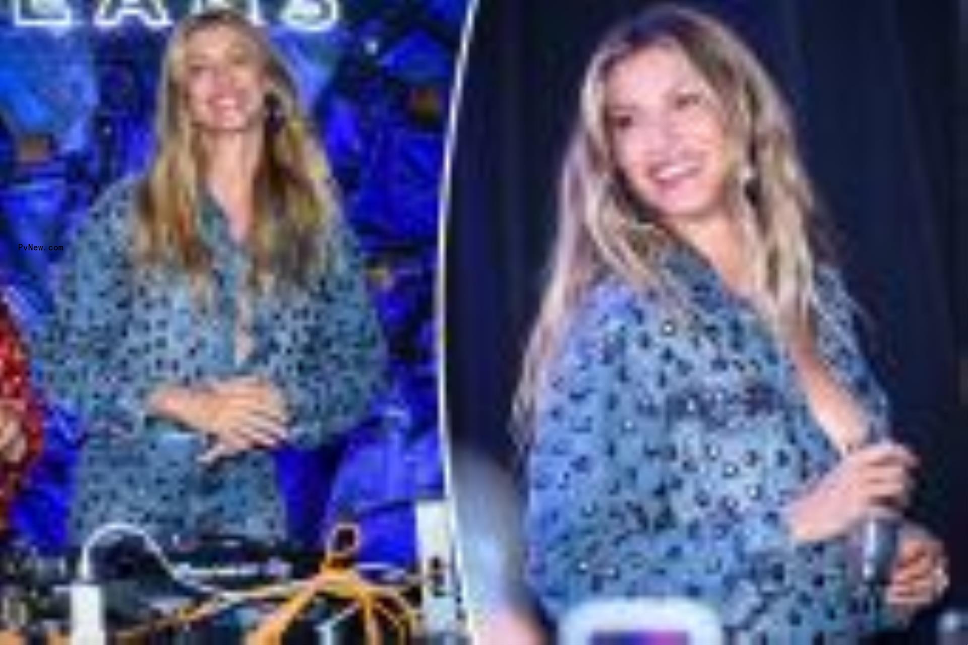 Two split photos of Gisele Bündchen smiling in a denim outfit