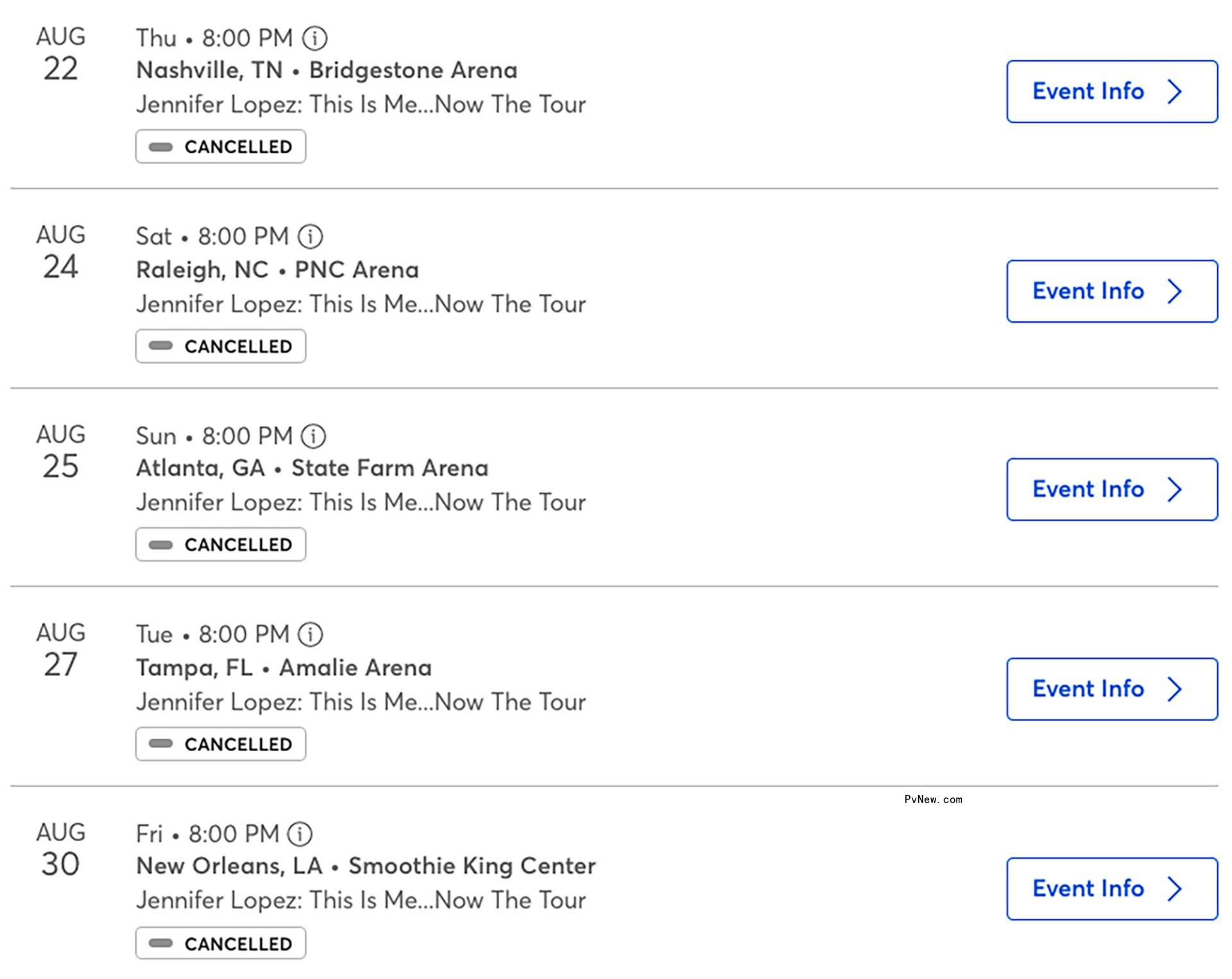 Jennifer Lopez's canceled tour dates.