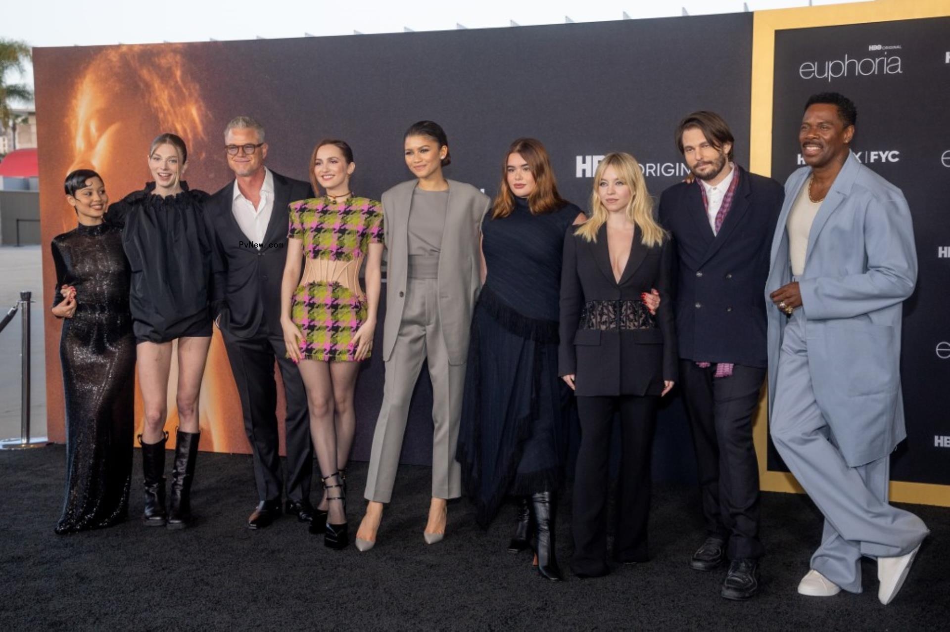 Alexa Demie, Hunter Schafer, Eric Dane, Maude Apatow, Zendaya, Barbie Ferreira, Sydney Sweeney, Sam Levinson and Colman Domingo on a red carpet