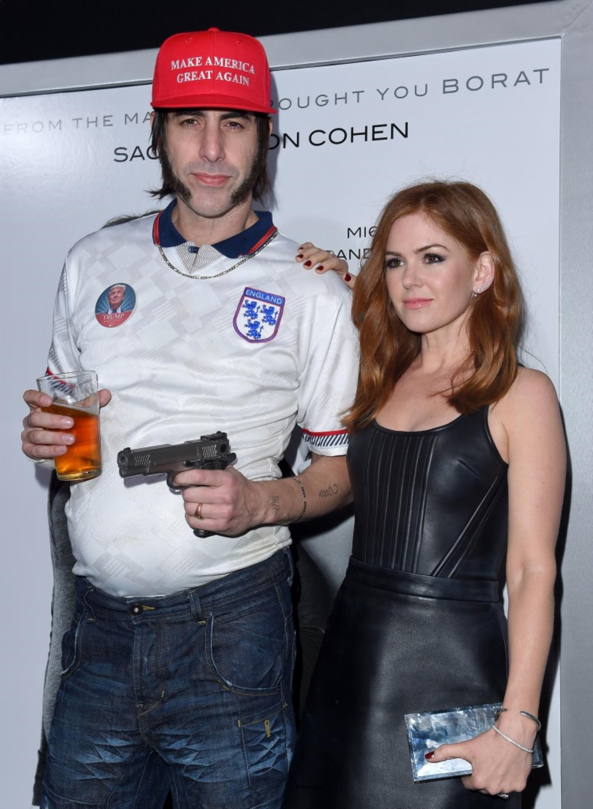 Sacha Baron Cohen in costume with wife Isla Fisher.