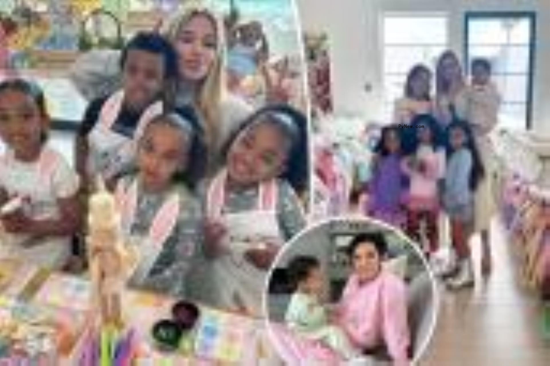 A split photo of Khloe Kardashian posing with Dream, Psalm, Chicago and True and another photo of KHloe Kardashian posing with Dream, Chicago and True and a small photo of Kris Jenner sitting with Tatum in her lap