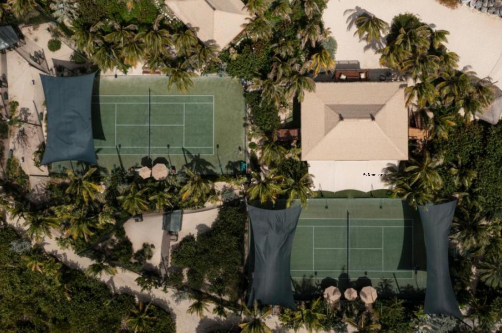 Tennis courts on Necker Island. 