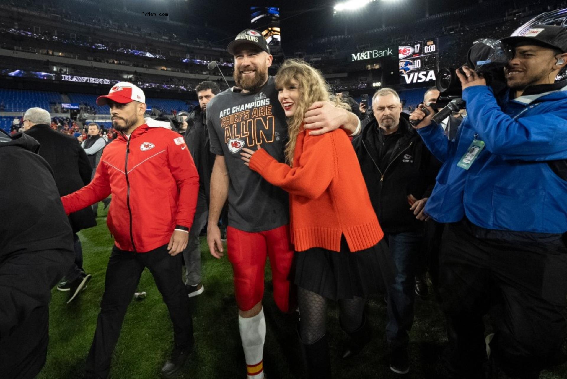 Taylor Swift and Travis Kelce after the AFC Champio<i></i>nship in January.