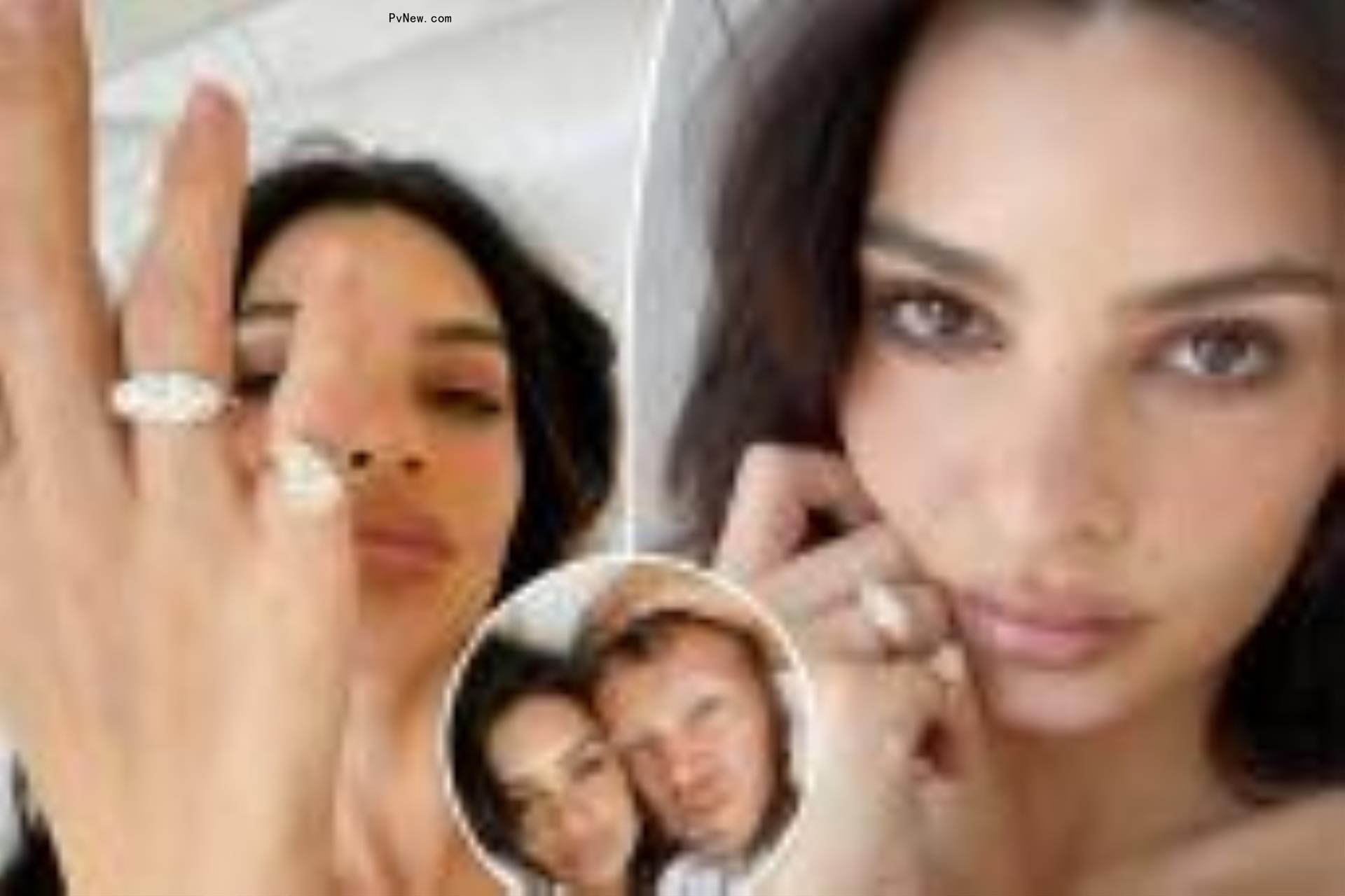 Emily Ratajkowski wearing her divorce rings with an inset of her and Sebastian Bear-McClard.